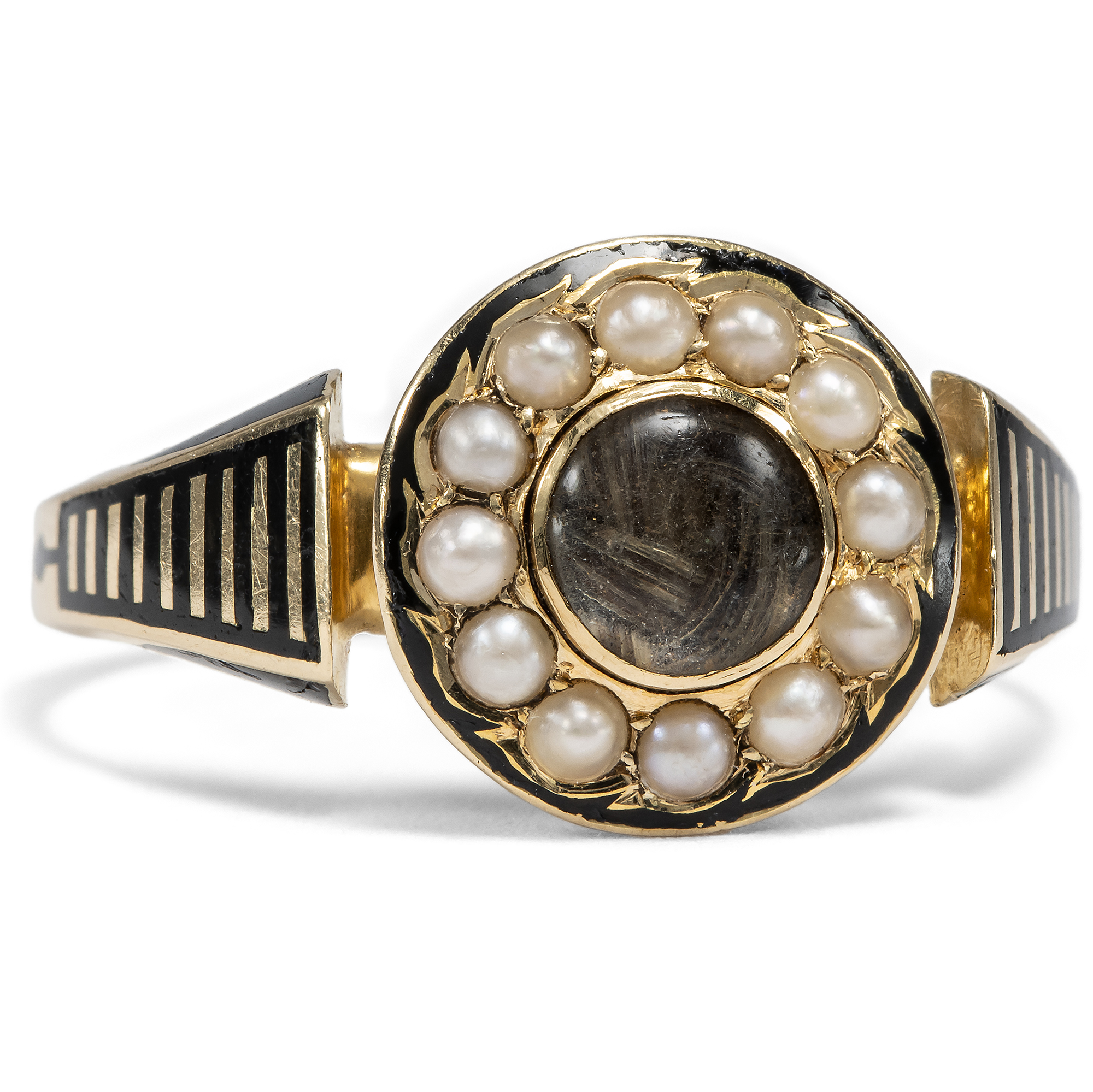 Victorian Mourning Ring With Braided Hair & Pearls In Gold, London Circa 1890 Victorian Mourning Ring With Braided Hair & Pearls In Gold, London Circa 1890