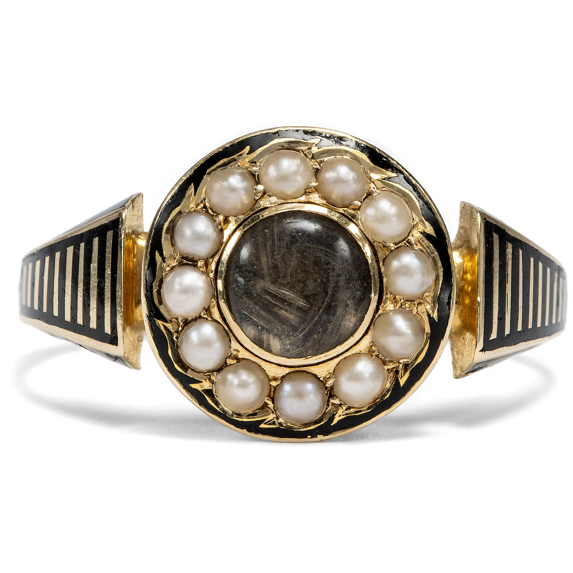 Victorian Mourning Ring With Braided Hair & Pearls In Gold, London Circa 1890 Victorian Mourning Ring With Braided Hair & Pearls In Gold, London Circa 1890