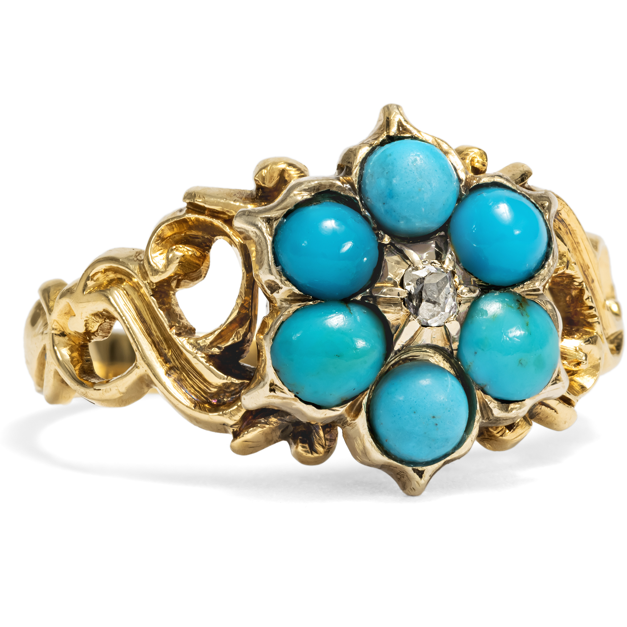 Antiker „Daisy“-Ring mit Diamant & Türkisen in Gold & Silber, um 1840 Antiker „Daisy“-Ring mit Diamant & Türkisen in Gold & Silber, um 1840