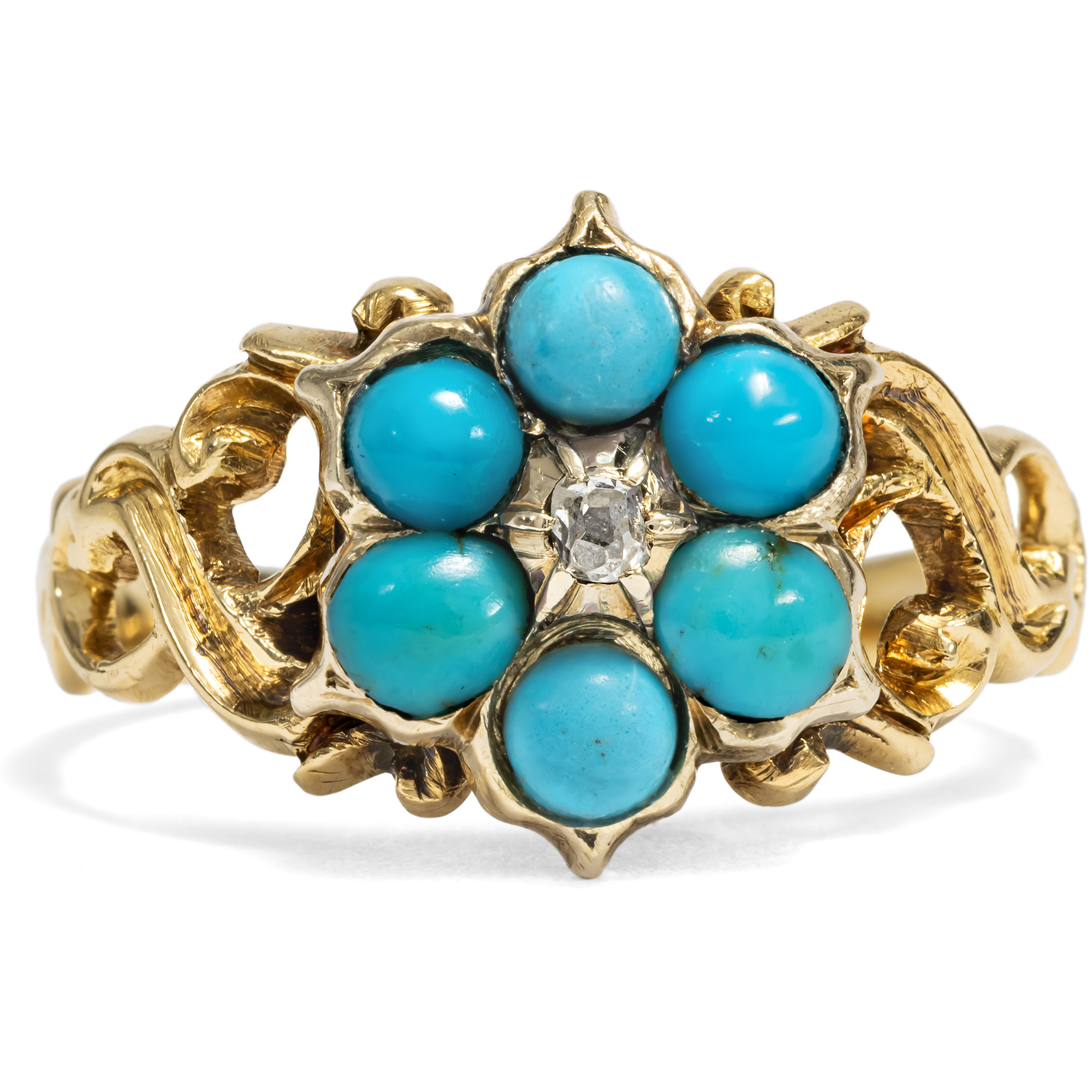 Antiker „Daisy“-Ring mit Diamant & Türkisen in Gold & Silber, um 1840 Antiker „Daisy“-Ring mit Diamant & Türkisen in Gold & Silber, um 1840