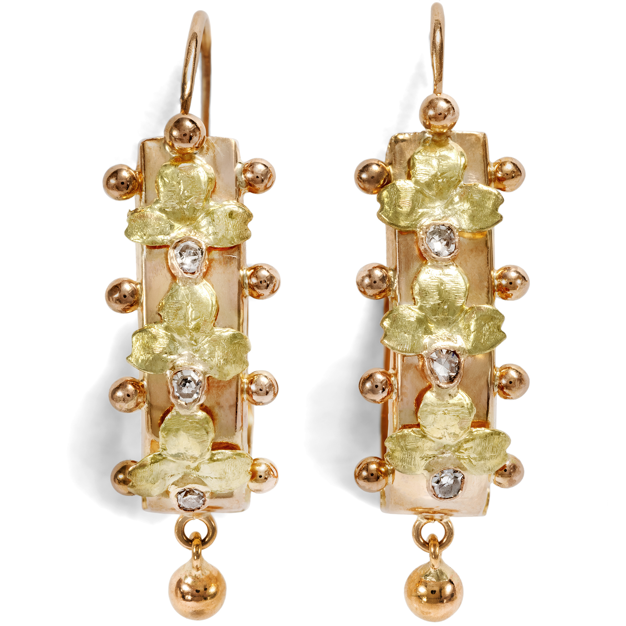 Schöne Poissarden-Ohrringe mit Diamanten in Gold, Marseille, 1920er Jahre Schöne Poissarden-Ohrringe mit Diamanten in Gold, Marseille, 1920er Jahre