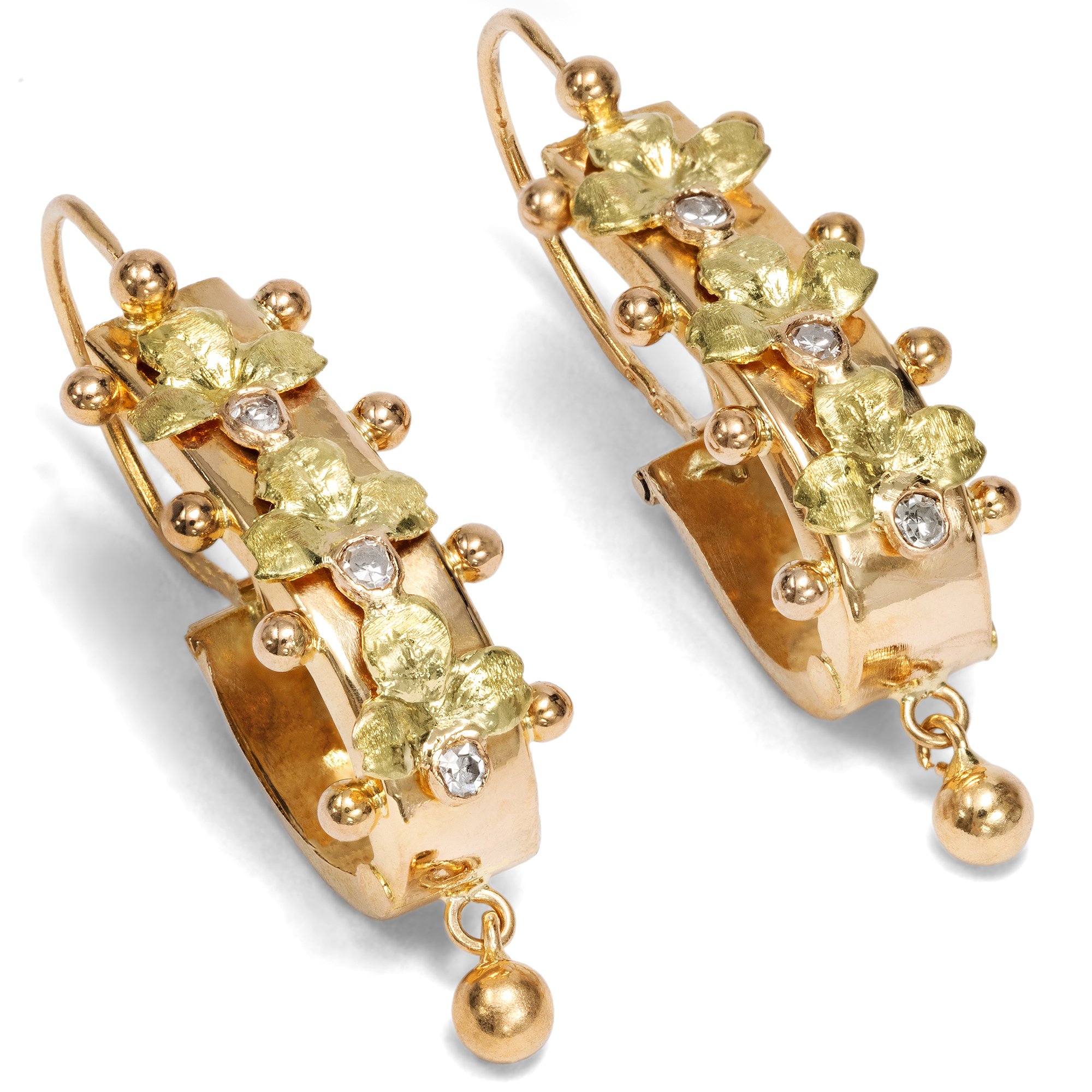Schöne Poissarden-Ohrringe mit Diamanten in Gold, Marseille, 1920er Jahre Schöne Poissarden-Ohrringe mit Diamanten in Gold, Marseille, 1920er Jahre