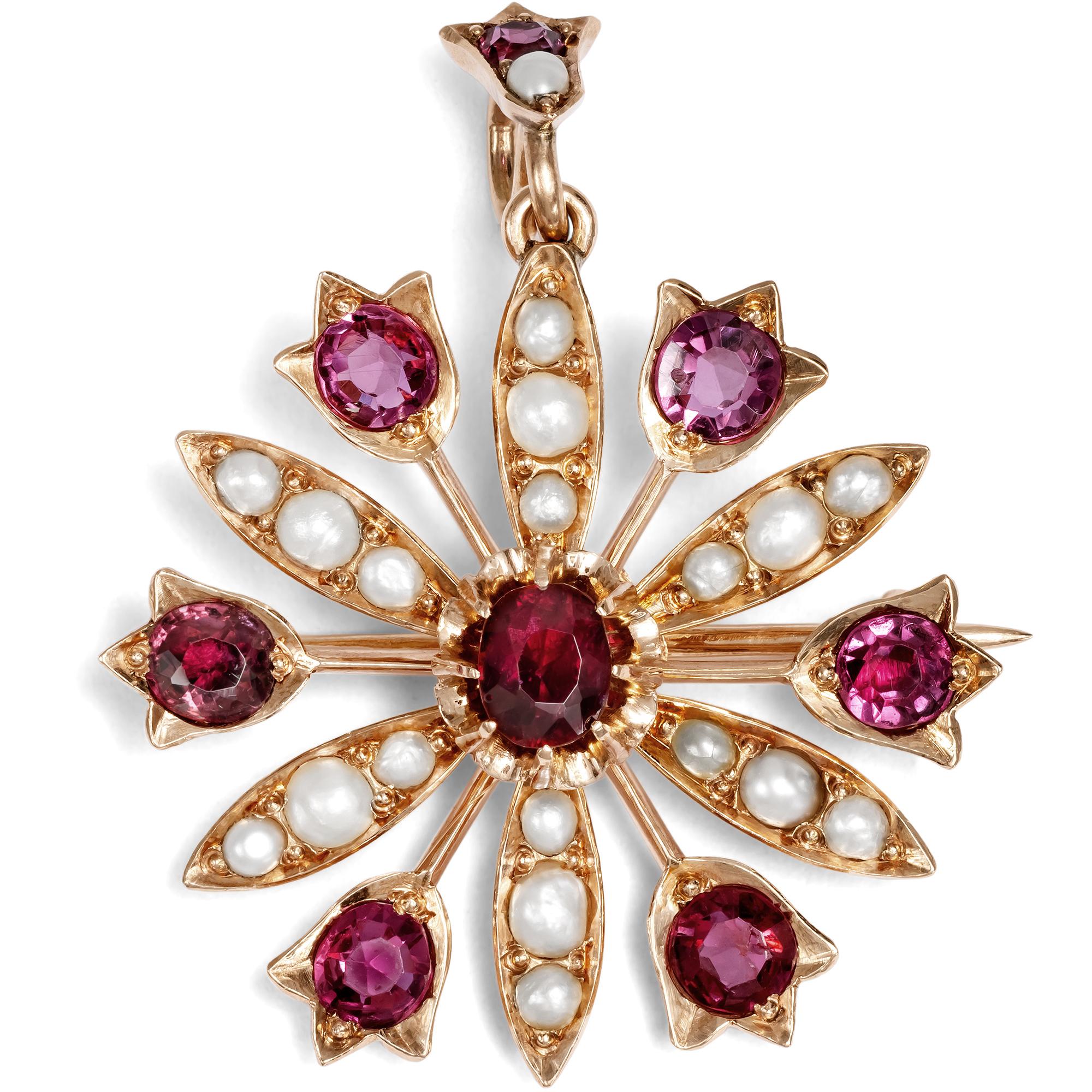 Antike Anhänger-Brosche mit Rubinen & Perlen in Gold, Großbritannien um 1900 Antike Anhänger-Brosche mit Rubinen & Perlen in Gold, Großbritannien um 1900