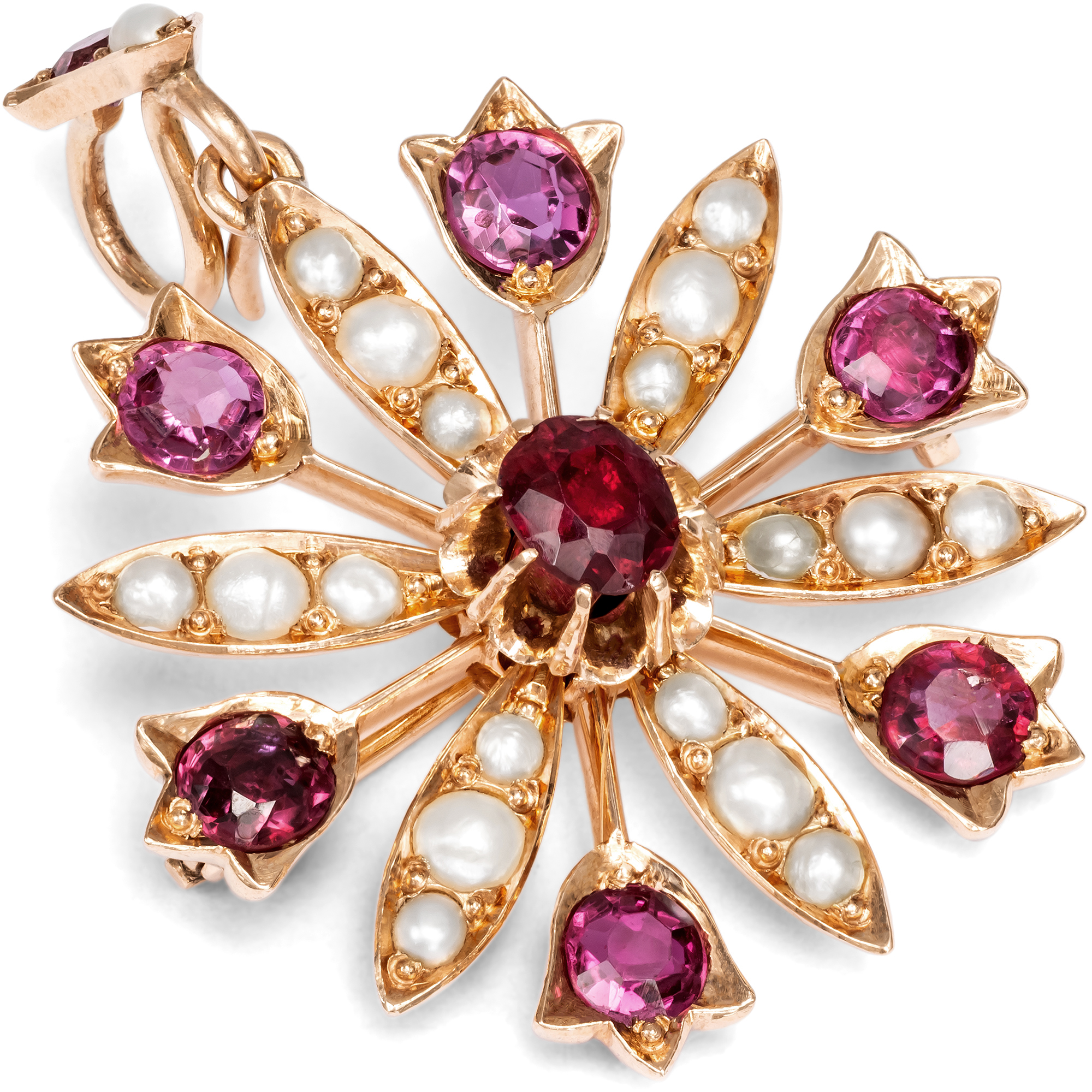 Antike Anhänger-Brosche mit Rubinen & Perlen in Gold, Großbritannien um 1900 Antike Anhänger-Brosche mit Rubinen & Perlen in Gold, Großbritannien um 1900