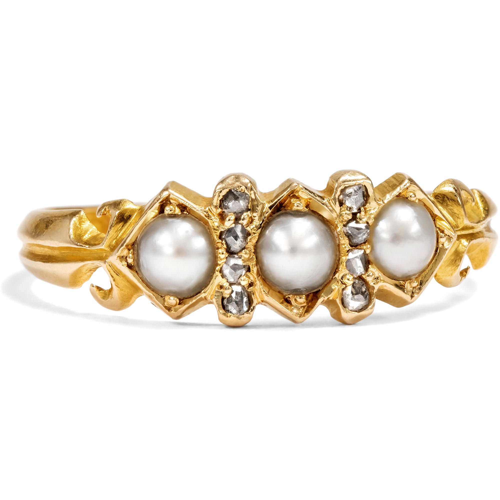 Viktorianischer Ring mit Naturperlen & Diamanten in Gold, Birmingham 1870 Viktorianischer Ring mit Naturperlen & Diamanten in Gold, Birmingham 1870