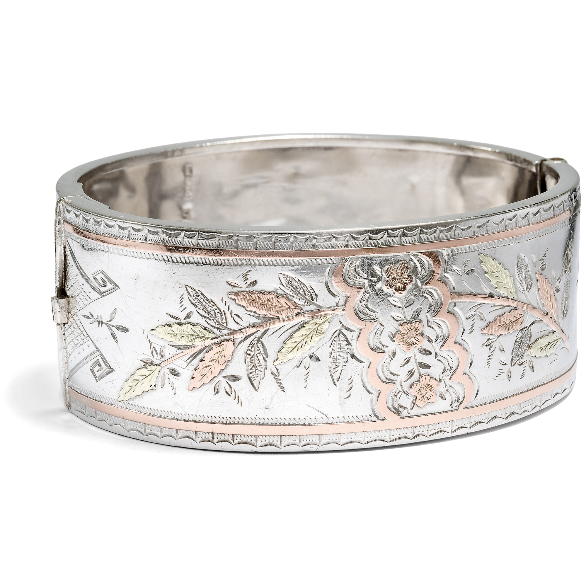 Victorian Aesthetic Movement Silver Bangle with Gold Accents, Birmingham 1882