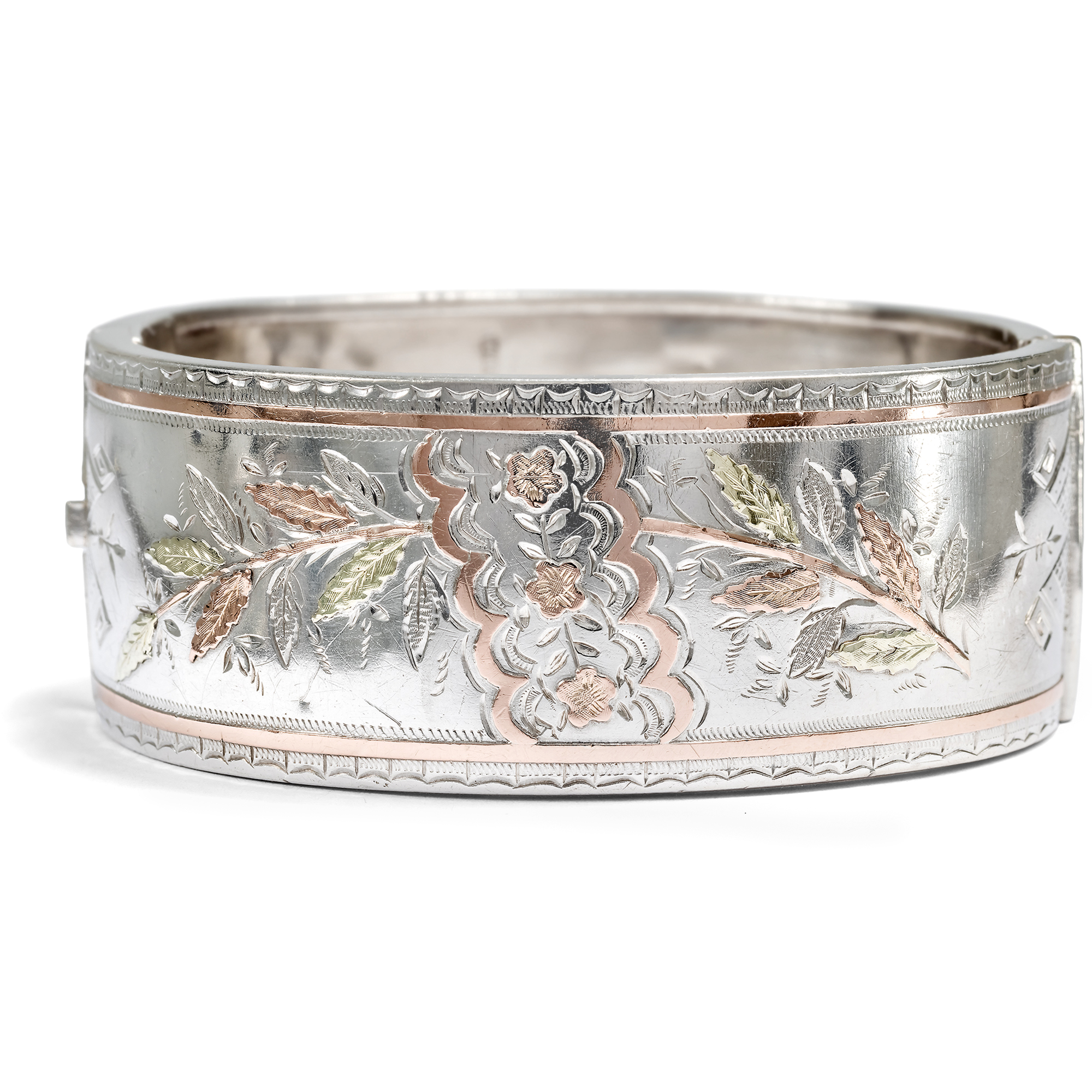 Victorian Aesthetic Movement Silver Bangle with Gold Accents, Birmingham 1882