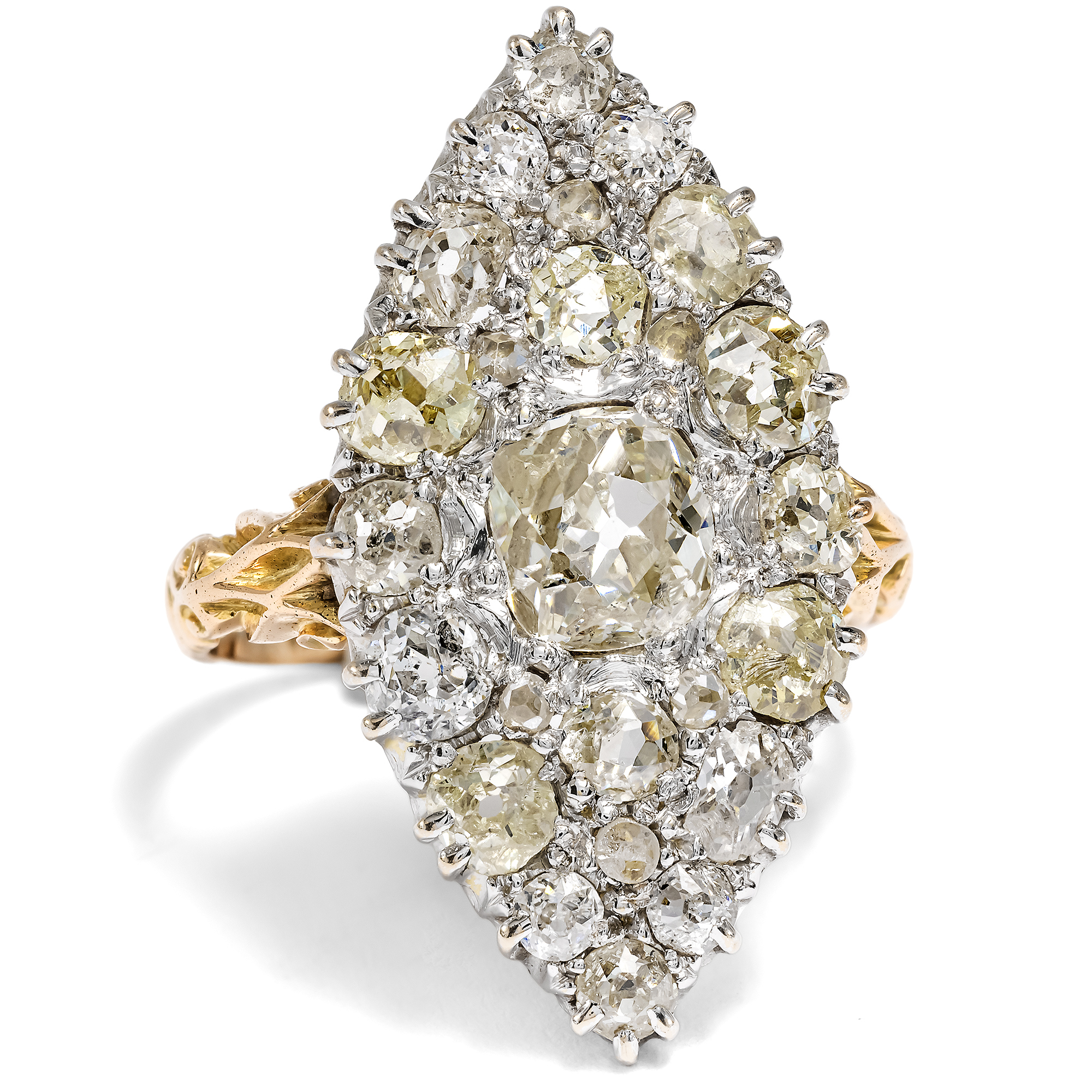 Magnificent Marquise Gold Ring with Old Mine Cut Diamonds, c. 1890 Magnificent Marquise Gold Ring with Old Mine Cut Diamonds, c. 1890