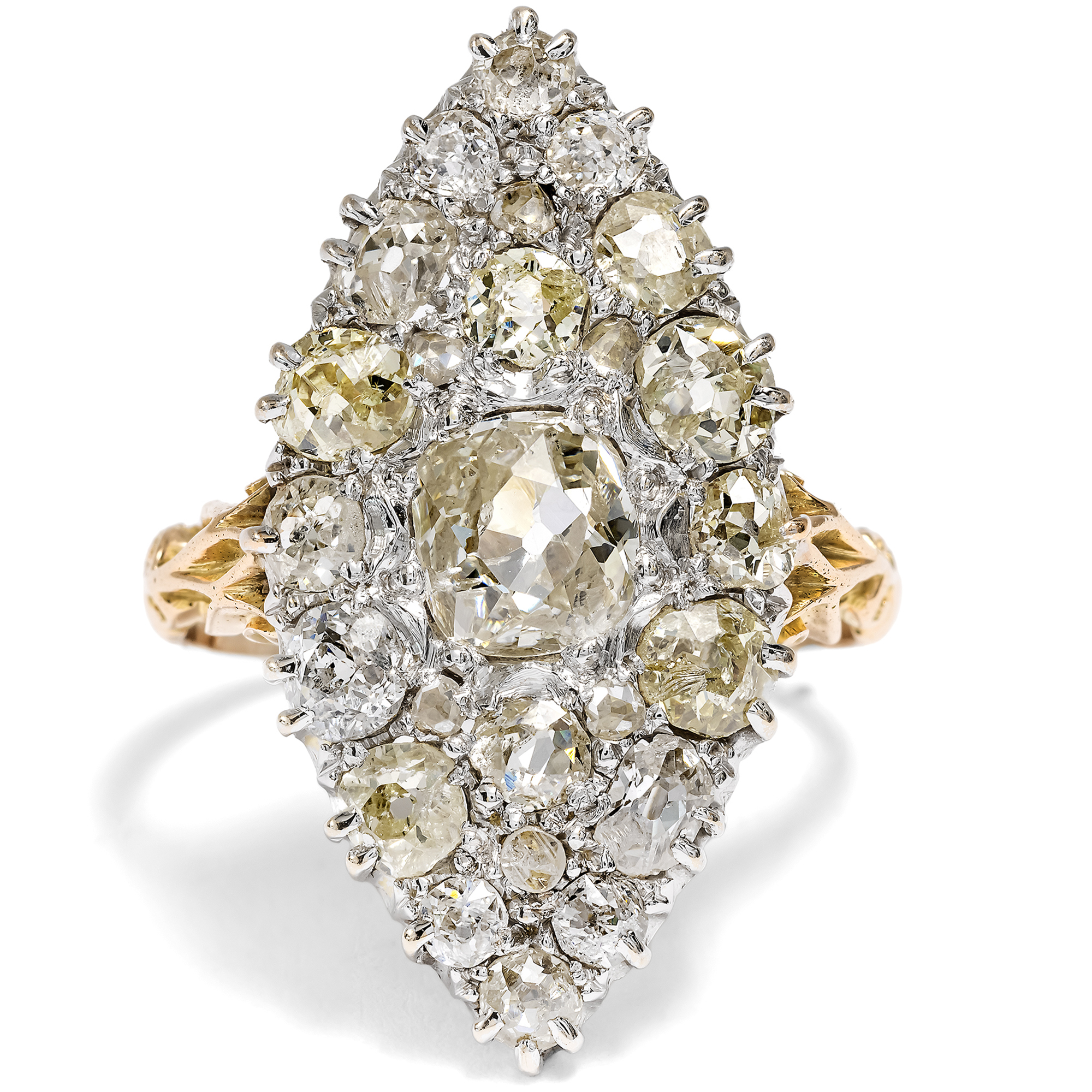Magnificent Marquise Gold Ring with Old Mine Cut Diamonds, c. 1890 Magnificent Marquise Gold Ring with Old Mine Cut Diamonds, c. 1890