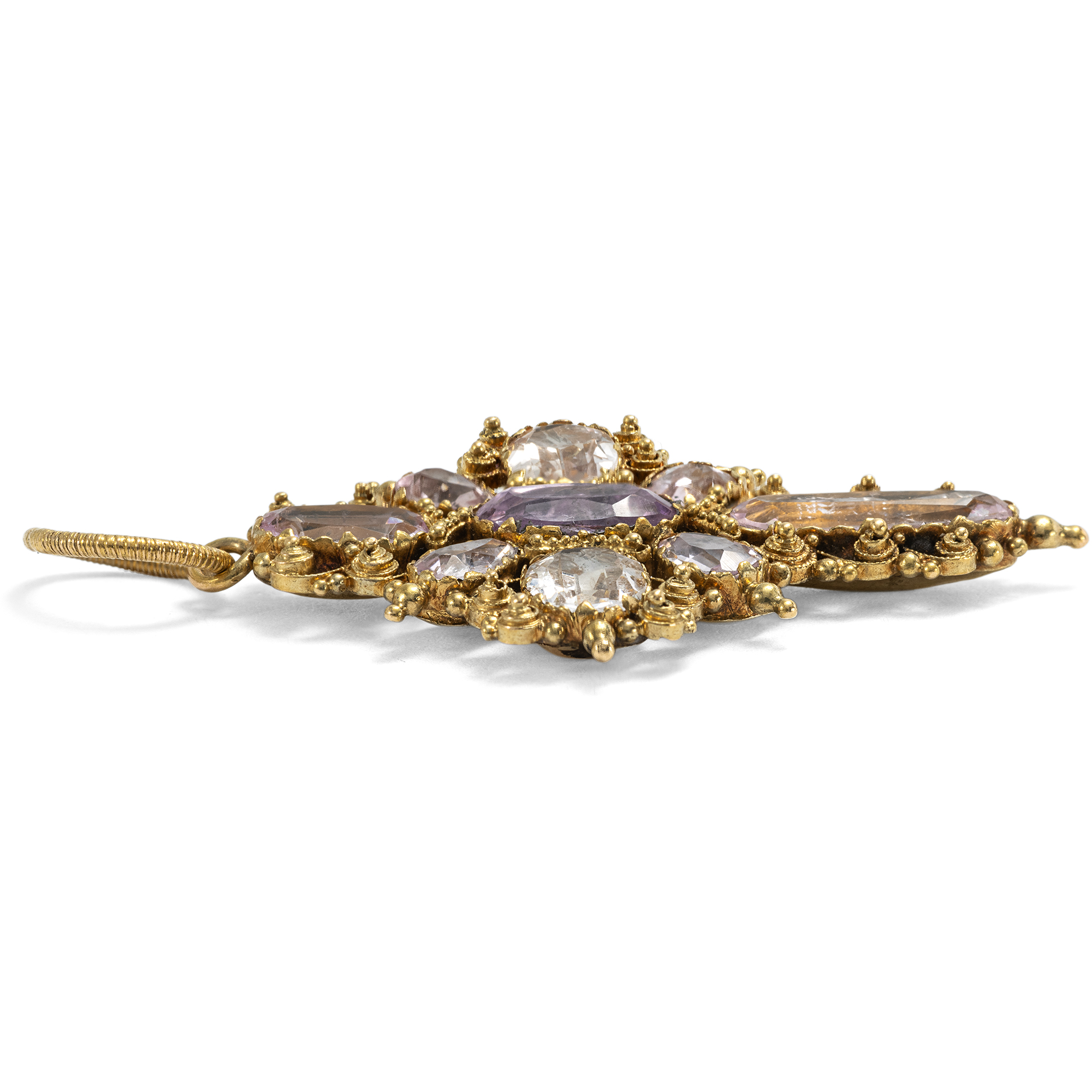 Zartes antikes Cannetille-Kreuz mit rosa Topasen in Gold, wohl England, um 1825 Zartes antikes Cannetille-Kreuz mit rosa Topasen in Gold, wohl England, um 1825