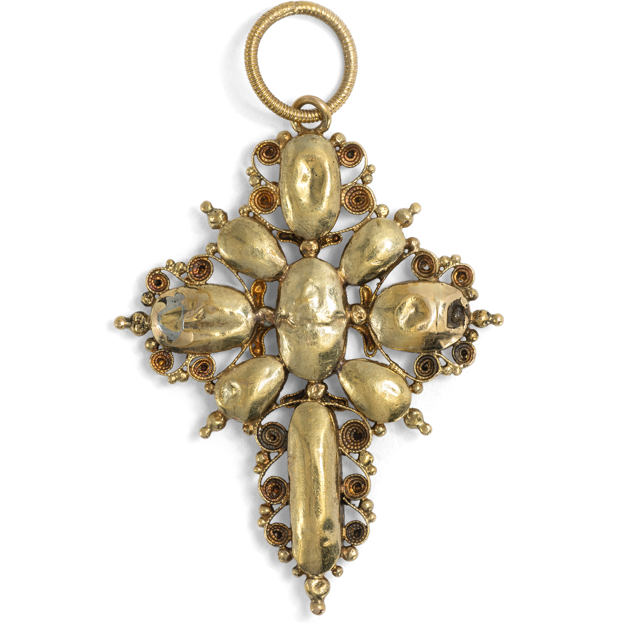 Zartes antikes Cannetille-Kreuz mit rosa Topasen in Gold, wohl England, um 1825 Zartes antikes Cannetille-Kreuz mit rosa Topasen in Gold, wohl England, um 1825