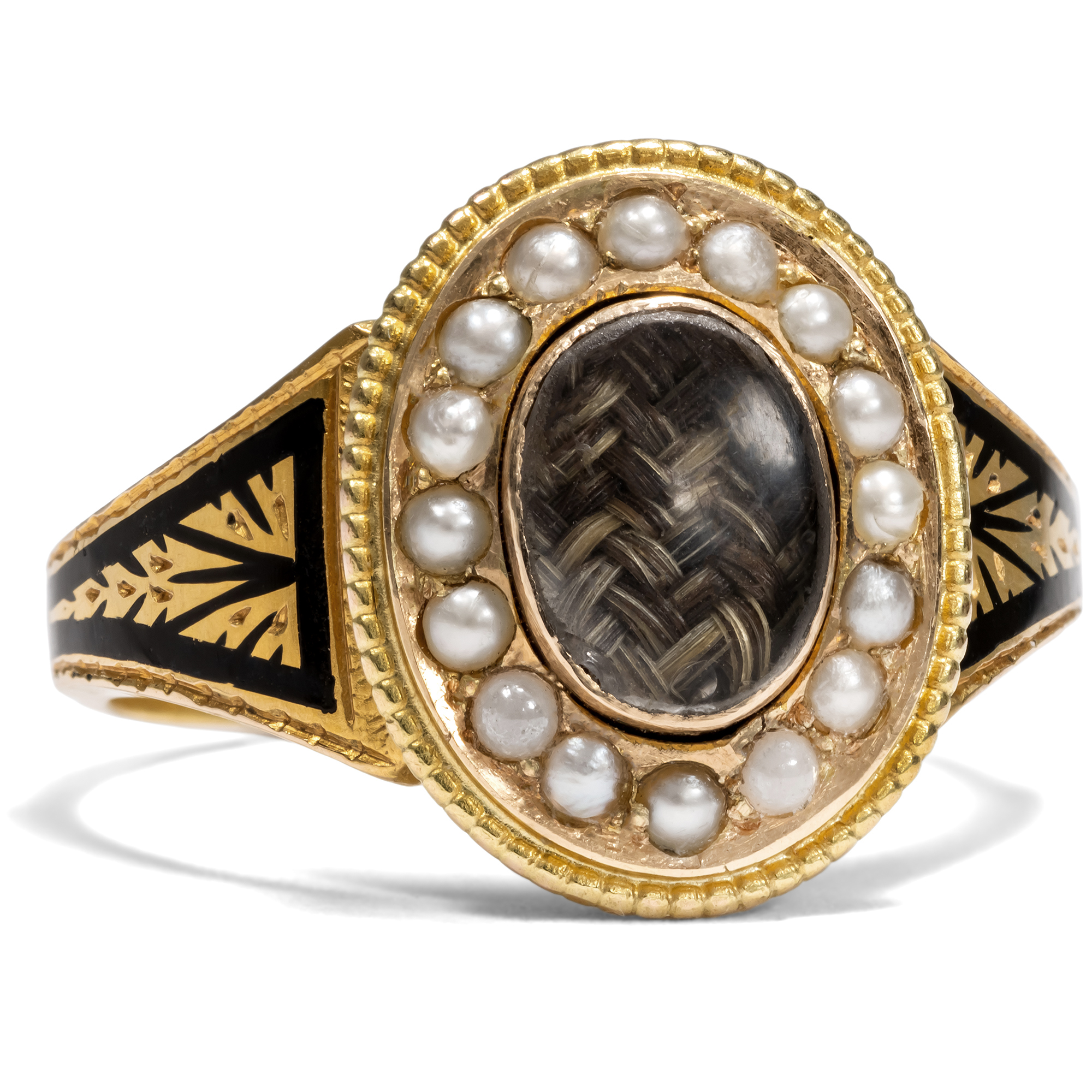 Viktorianischer Trauerring mit geflochtenem Haar & Perlen in Gold, datiert 1889 Viktorianischer Trauerring mit geflochtenem Haar & Perlen in Gold, datiert 1889