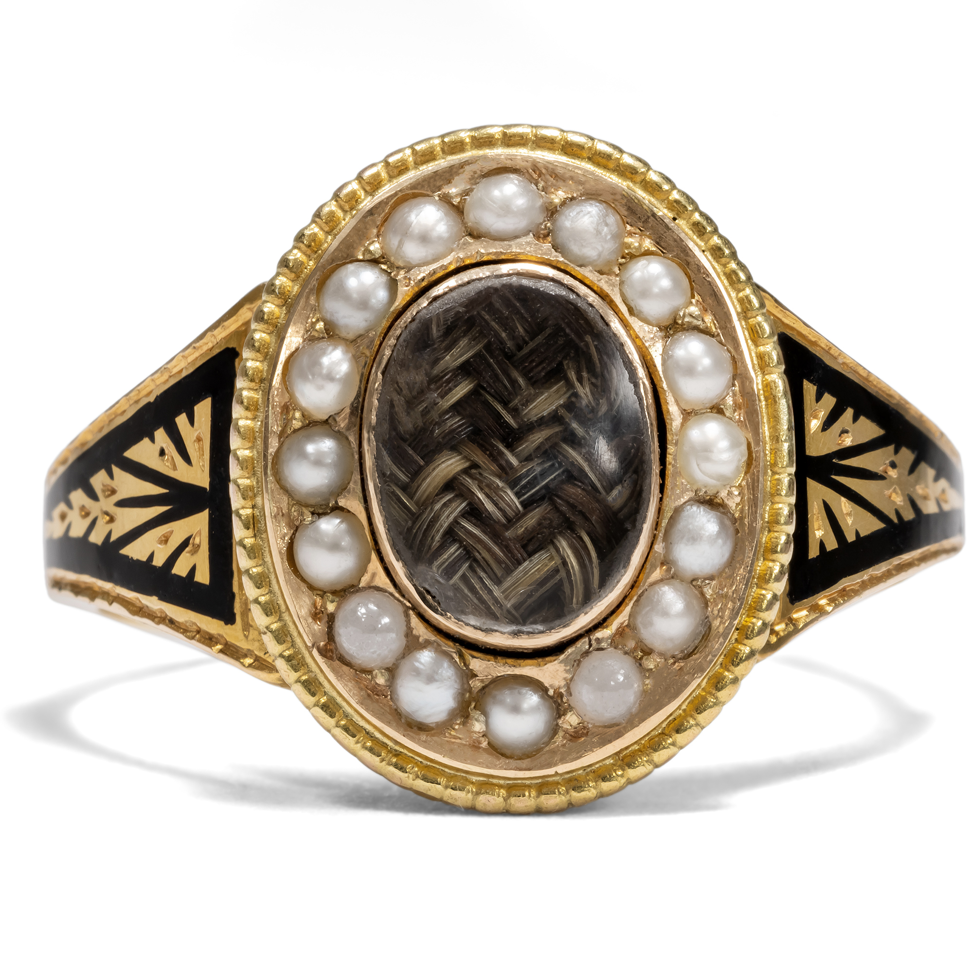 Viktorianischer Trauerring mit geflochtenem Haar & Perlen in Gold, datiert 1889 Viktorianischer Trauerring mit geflochtenem Haar & Perlen in Gold, datiert 1889