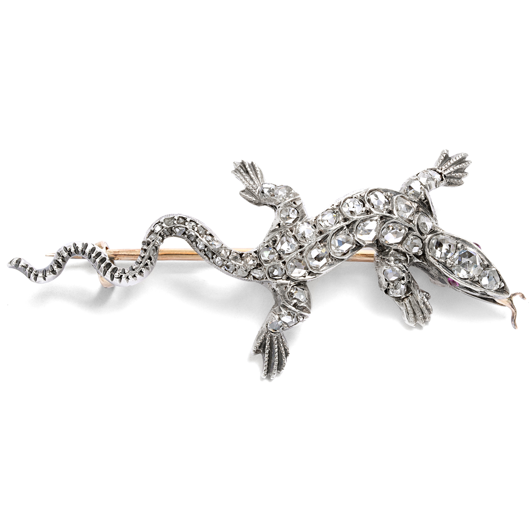 Antike Eidechse mit Diamanten & Spinellen als Brosche, Paris um 1890 Antike Eidechse mit Diamanten & Spinellen als Brosche, Paris um 1890