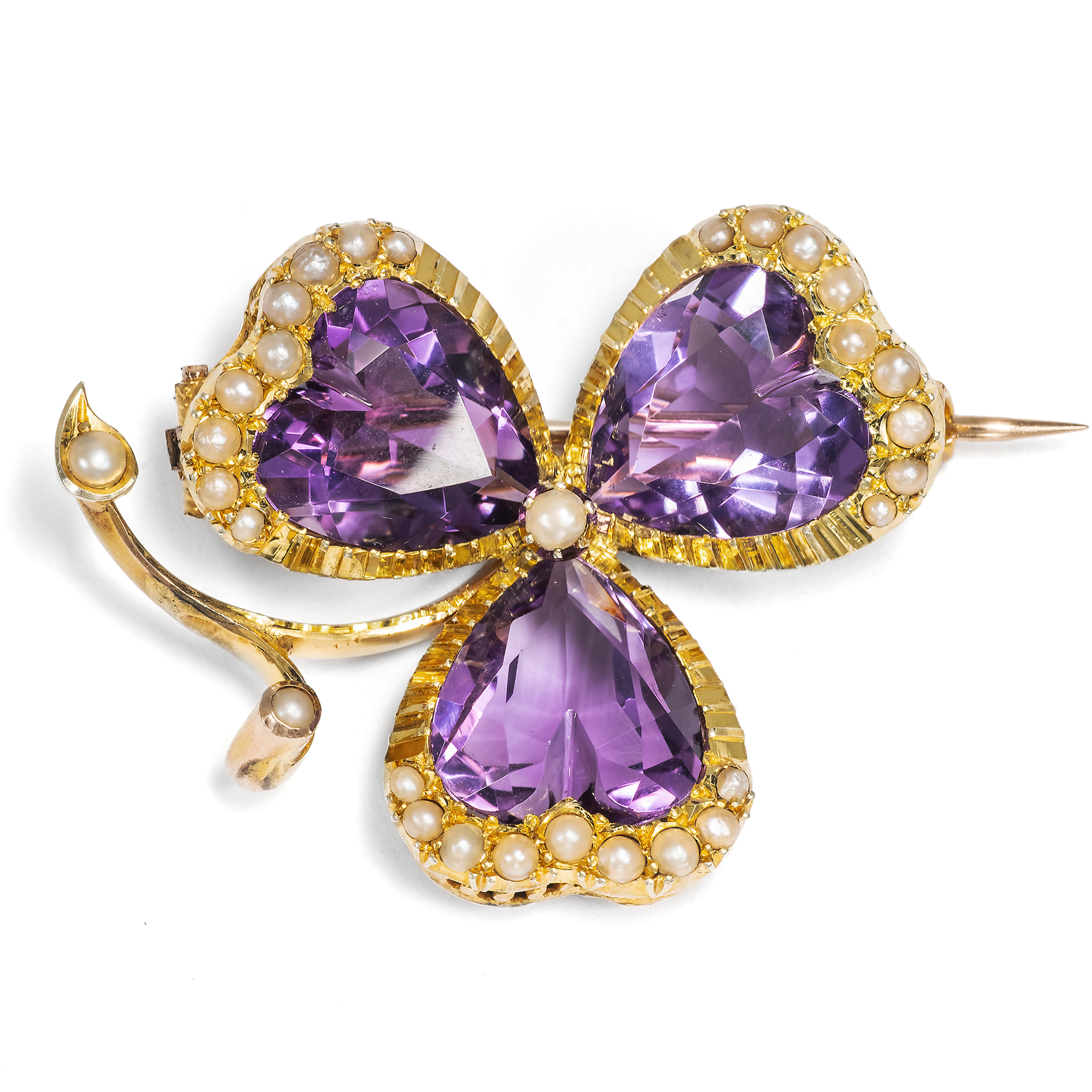 Antike Brosche mit Amethysten & Perle in Gold, Großbritannien um 1895
