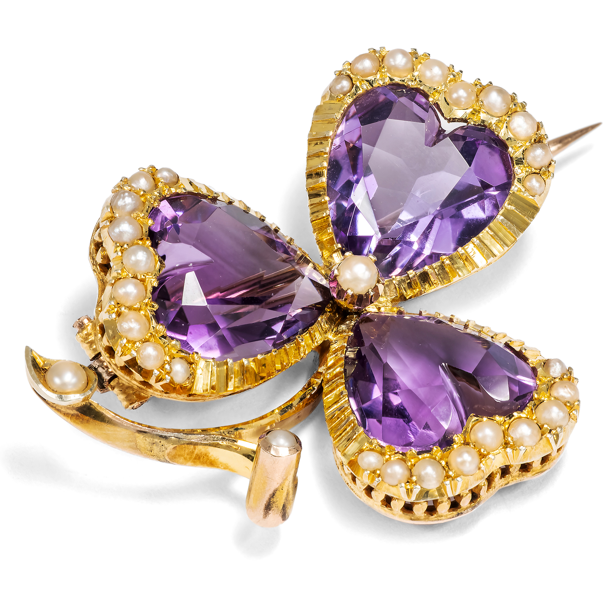 Antike Brosche mit Amethysten & Perle in Gold, Großbritannien um 1895