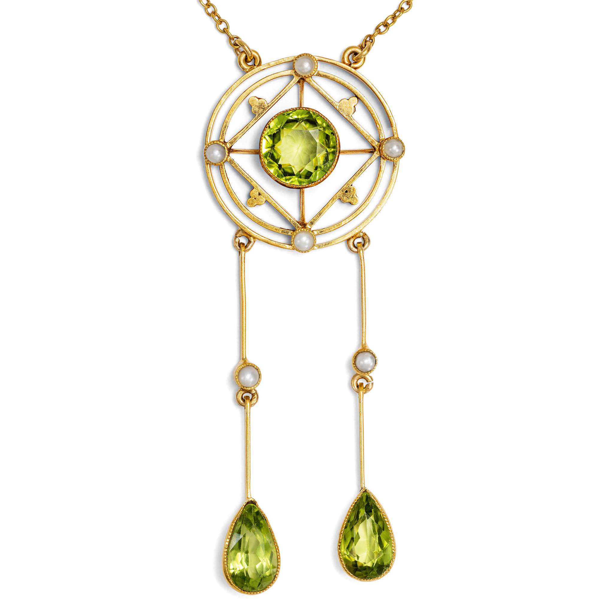 Ungewöhnliches Collier aus Gold, Perlen & Peridot, England um 1910 Ungewöhnliches Collier aus Gold, Perlen & Peridot, England um 1910