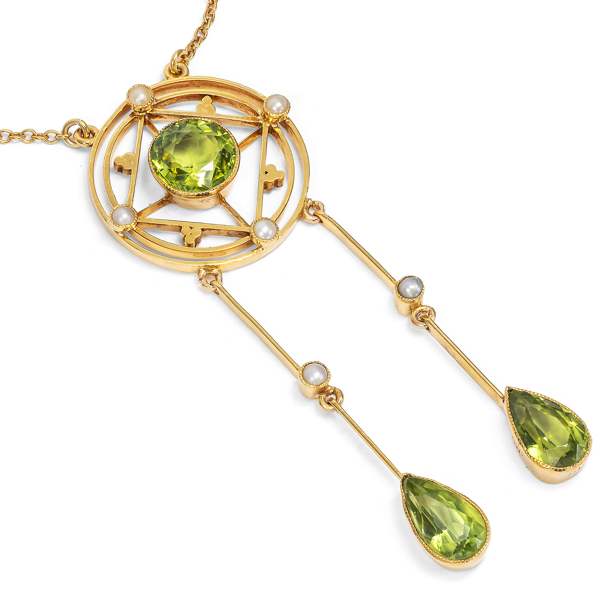 Ungewöhnliches Collier aus Gold, Perlen & Peridot, England um 1910 Ungewöhnliches Collier aus Gold, Perlen & Peridot, England um 1910