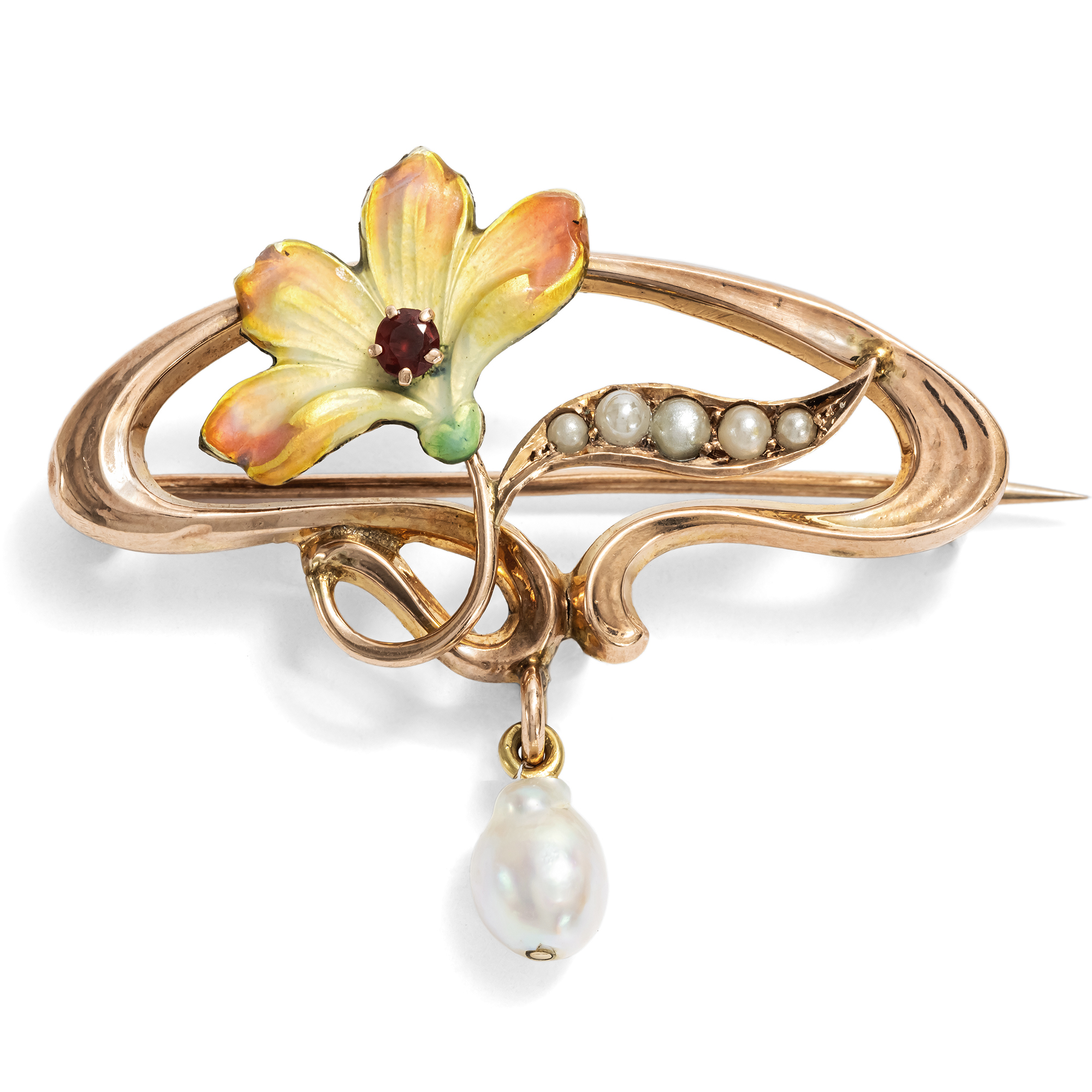 Delicate Enamelled Art Nouveau Brooch with Pearls and Garnet, British, c. 1905 Delicate Enamelled Art Nouveau Brooch with Pearls and Garnet, British, c. 1905