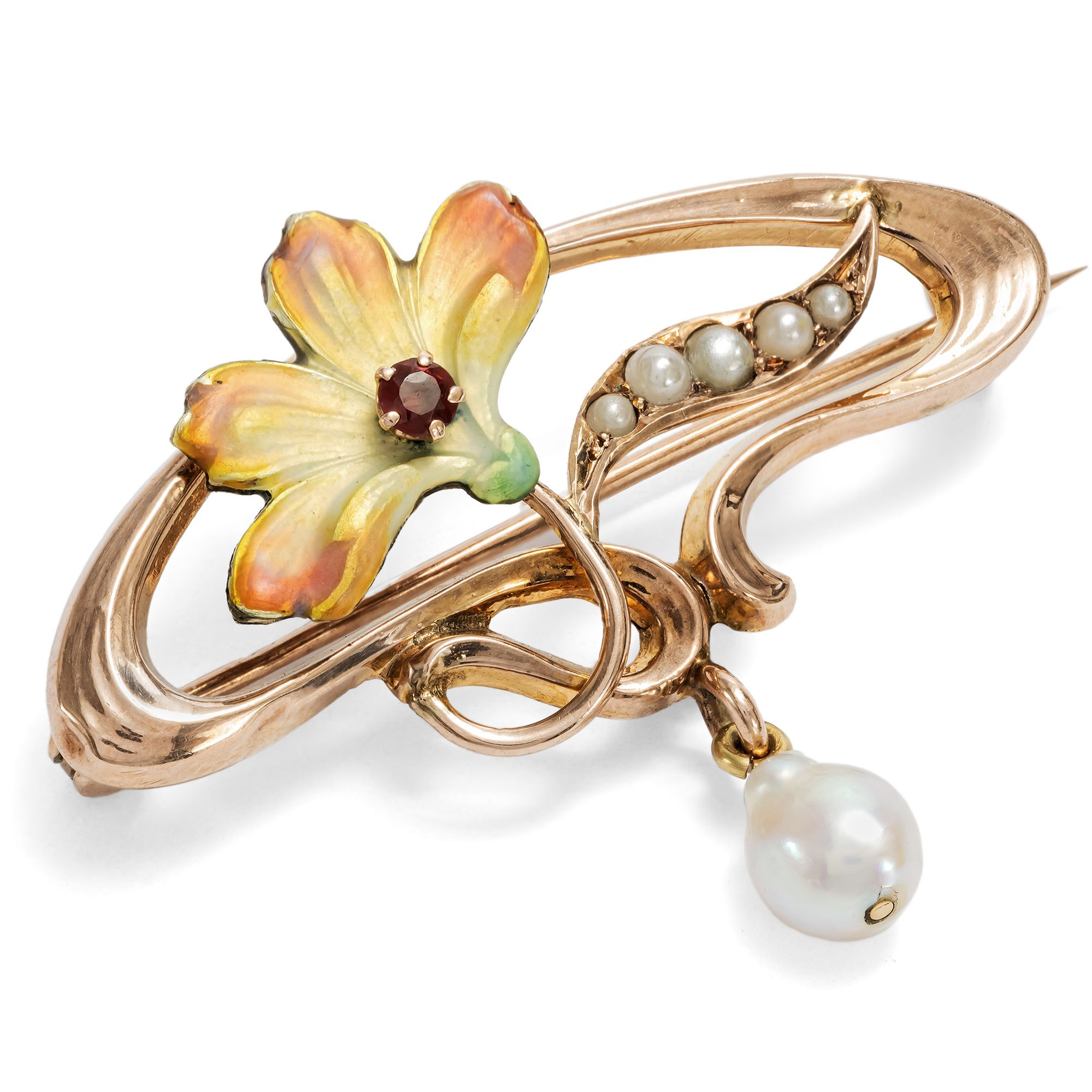 Delicate Enamelled Art Nouveau Brooch with Pearls and Garnet, British, c. 1905 Delicate Enamelled Art Nouveau Brooch with Pearls and Garnet, British, c. 1905