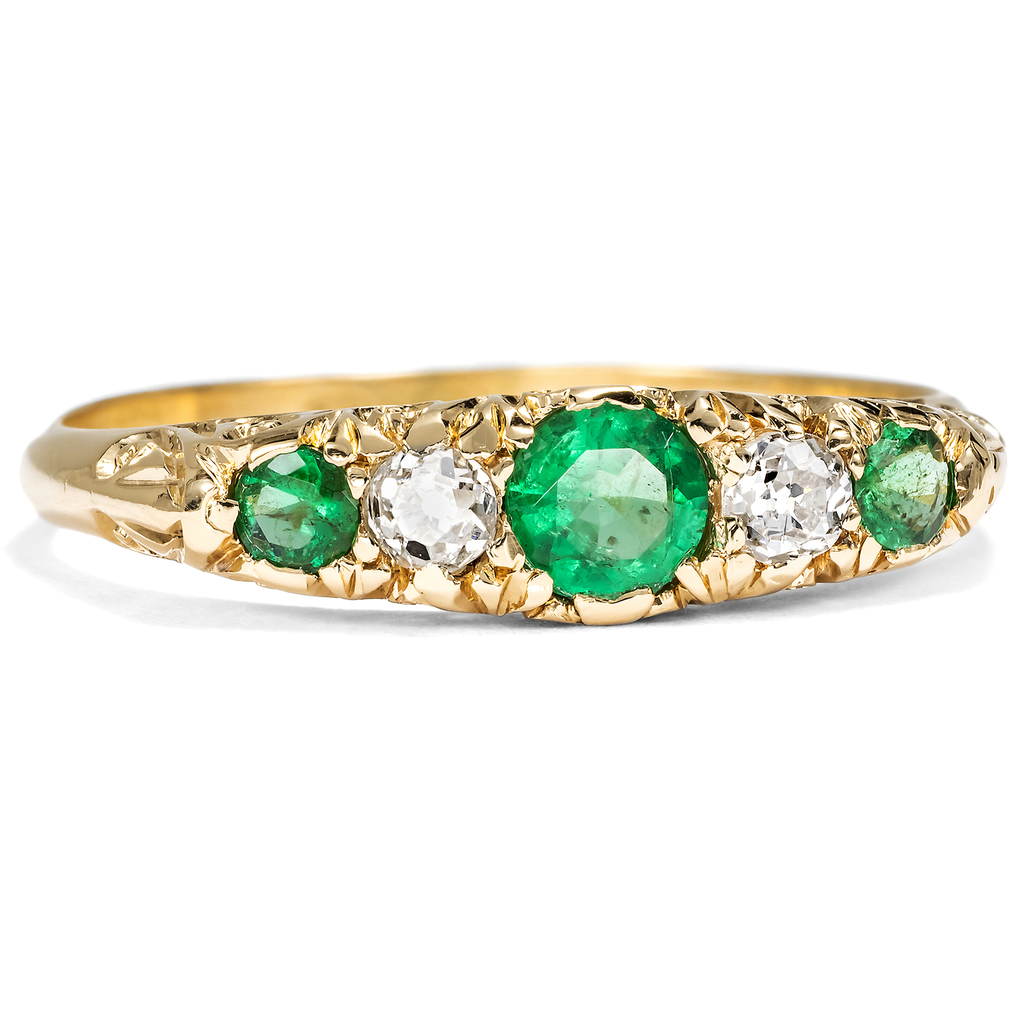 Edwardian Gold Ring with Emeralds and Diamonds, Birmingham 1909 Edwardian Gold Ring with Emeralds and Diamonds, Birmingham 1909