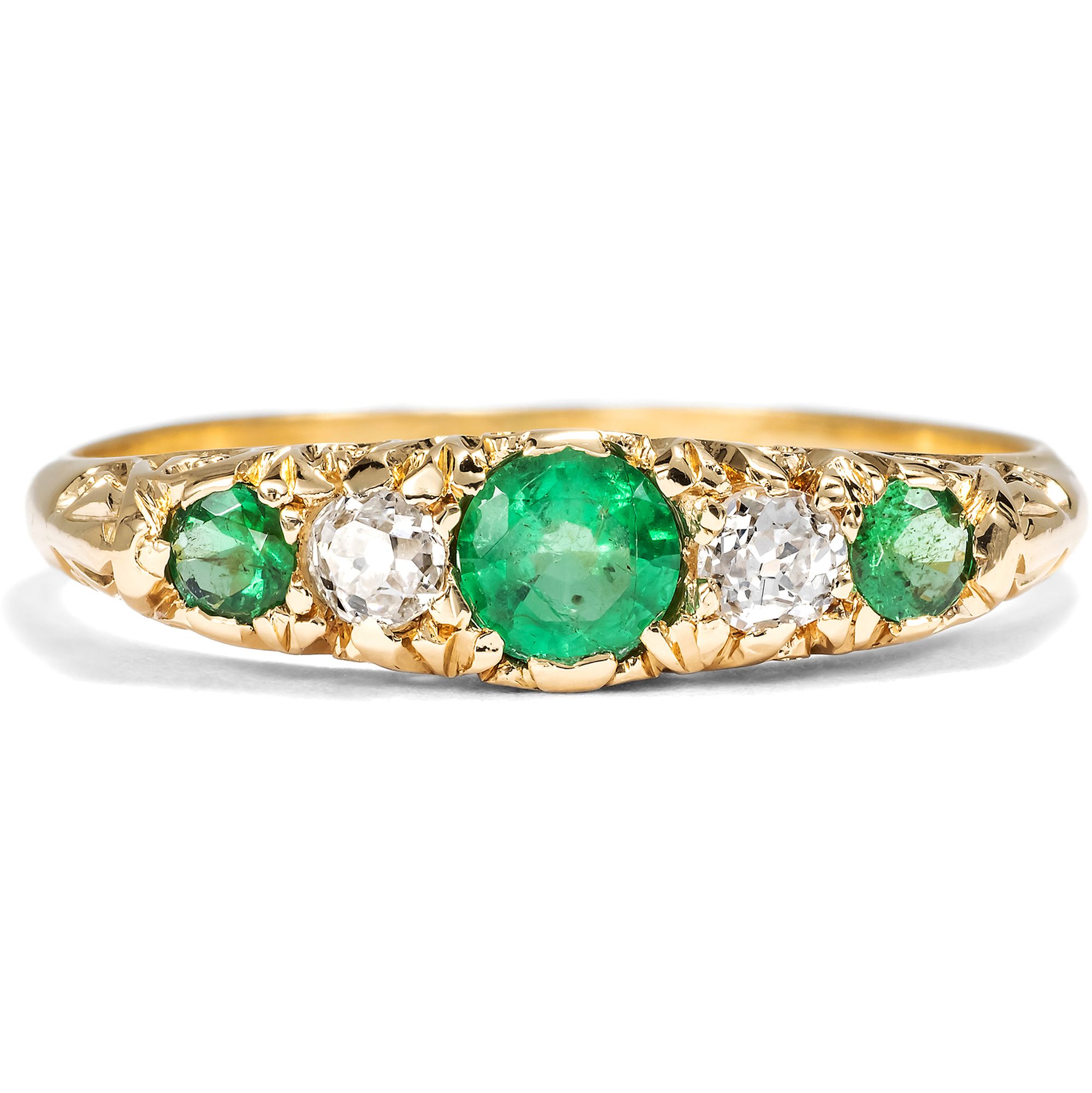 Edwardian Gold Ring with Emeralds and Diamonds, Birmingham 1909 Edwardian Gold Ring with Emeralds and Diamonds, Birmingham 1909
