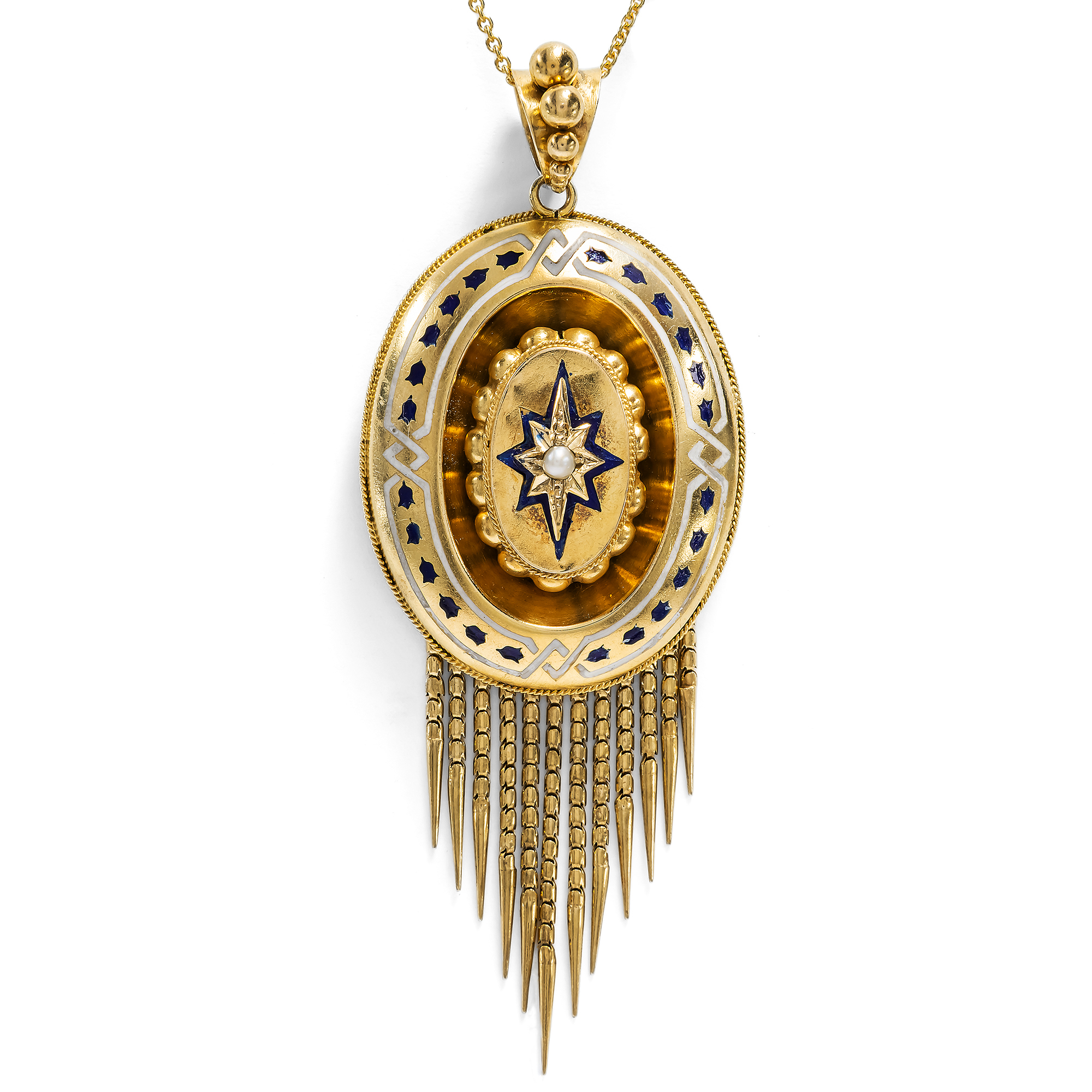 Viktorianischer Medaillon-Anhänger mit Perle und Email in Gold, wohl Großbritannien um 1875 Viktorianischer Medaillon-Anhänger mit Perle und Email in Gold, wohl Großbritannien um 1875