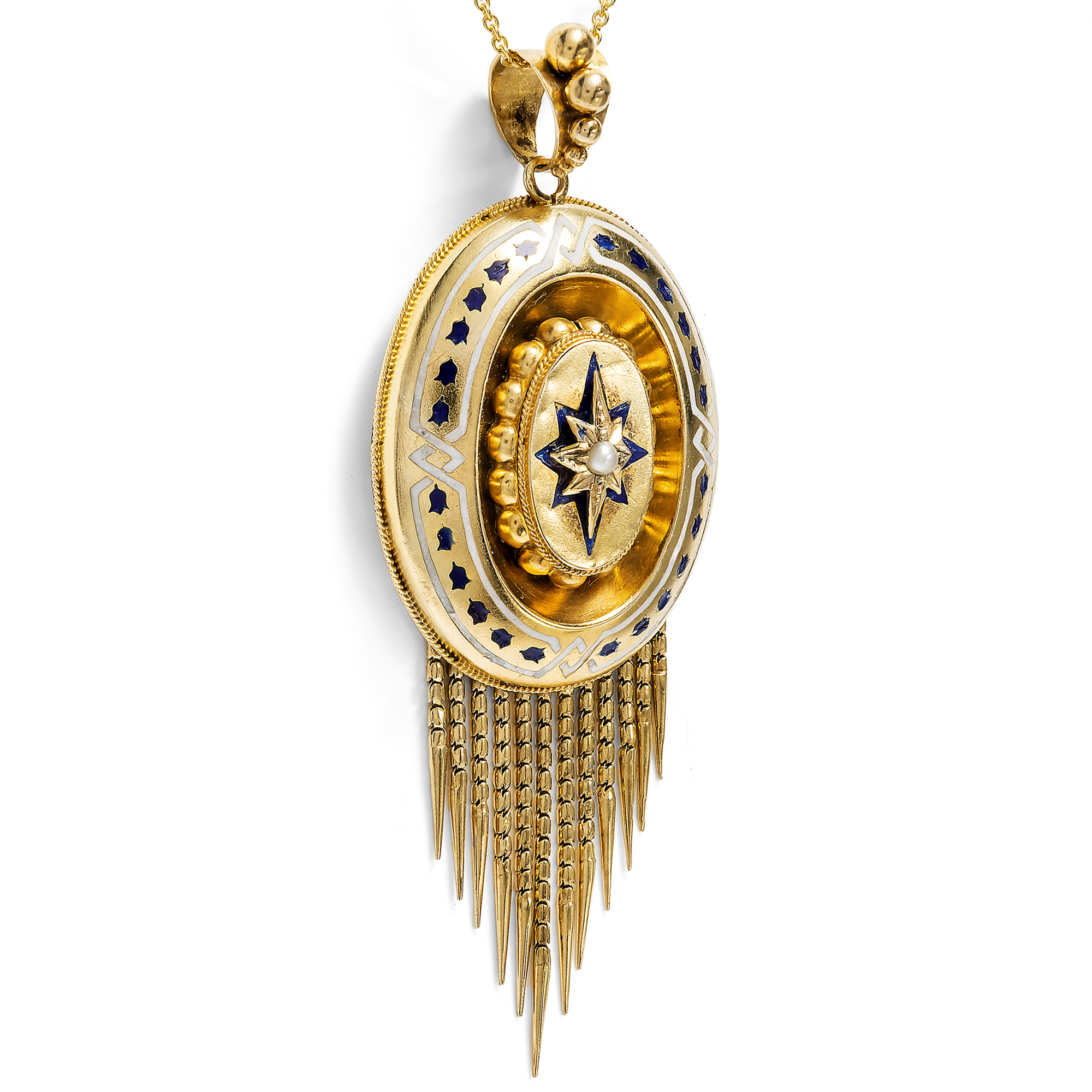 Viktorianischer Medaillon-Anhänger mit Perle und Email in Gold, wohl Großbritannien um 1875 Viktorianischer Medaillon-Anhänger mit Perle und Email in Gold, wohl Großbritannien um 1875