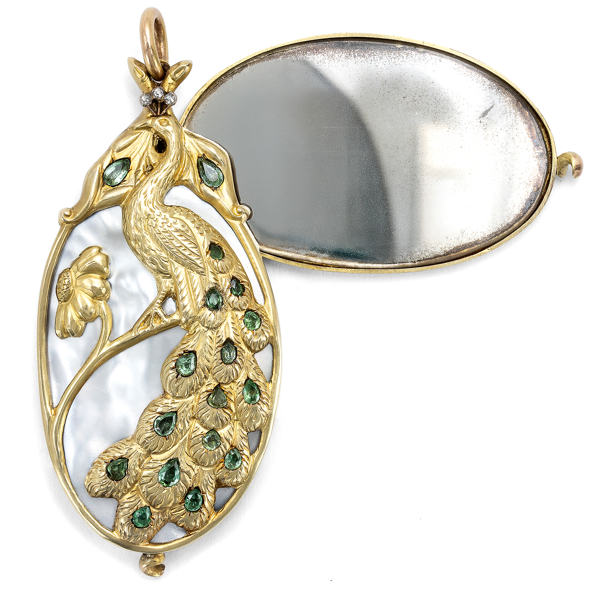 Antikes Spiegel-Medaillon mit Smaragden & Perlmutt in Gold, um 1900 Antikes Spiegel-Medaillon mit Smaragden & Perlmutt in Gold, um 1900