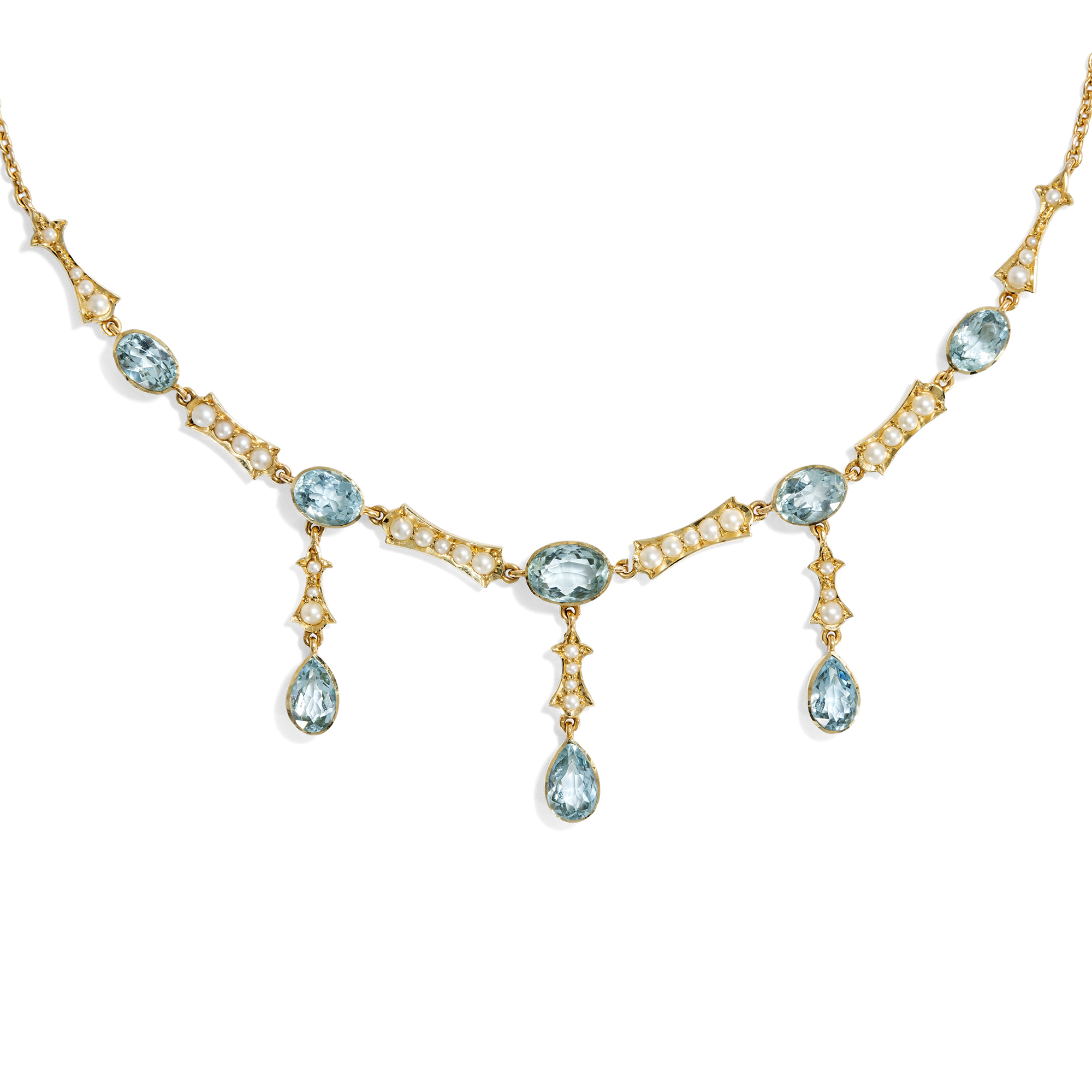 Antikes Collier mit Aquamarinen & Perlen in Gold, um 1910 Antikes Collier mit Aquamarinen & Perlen in Gold, um 1910