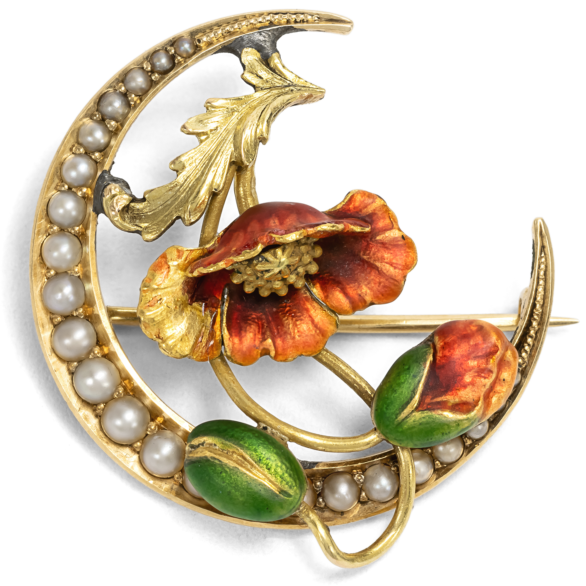Antike Brosche aus Gold mit Naturperlen & transluzidem Email, um 1900 Antike Brosche aus Gold mit Naturperlen & transluzidem Email, um 1900
