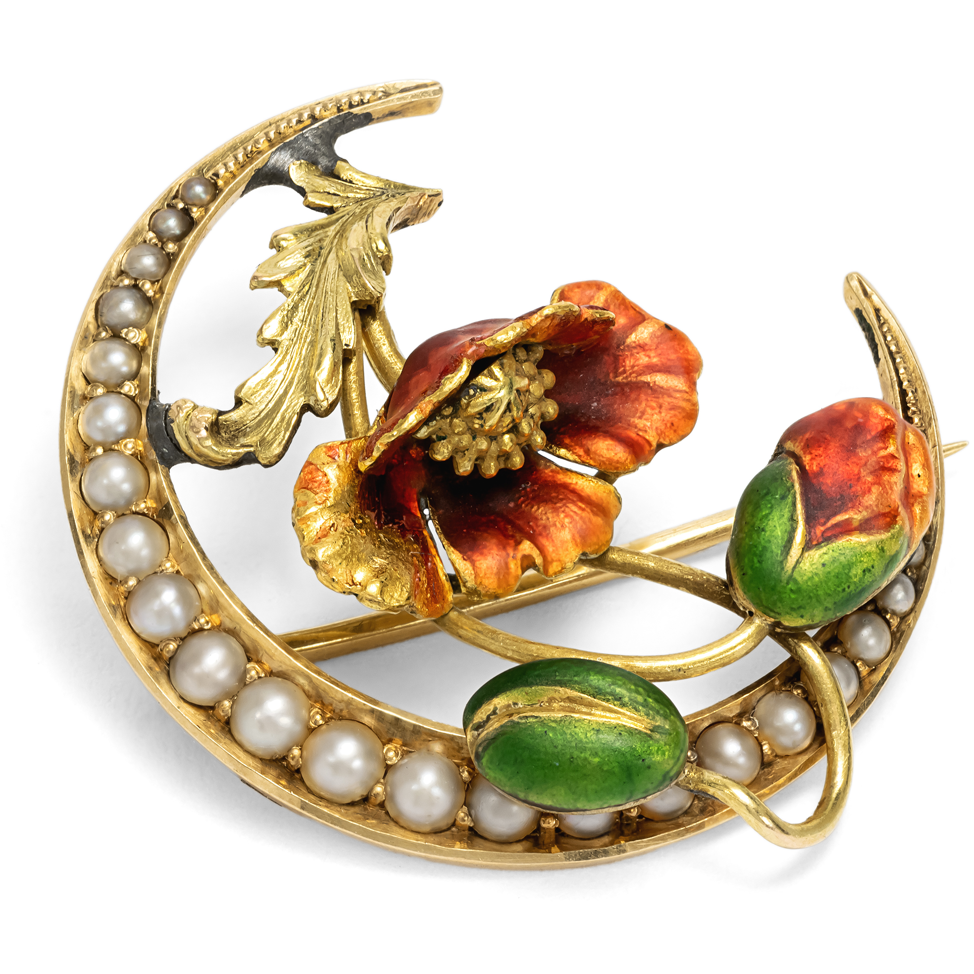 Antike Brosche aus Gold mit Naturperlen & transluzidem Email, um 1900 Antike Brosche aus Gold mit Naturperlen & transluzidem Email, um 1900