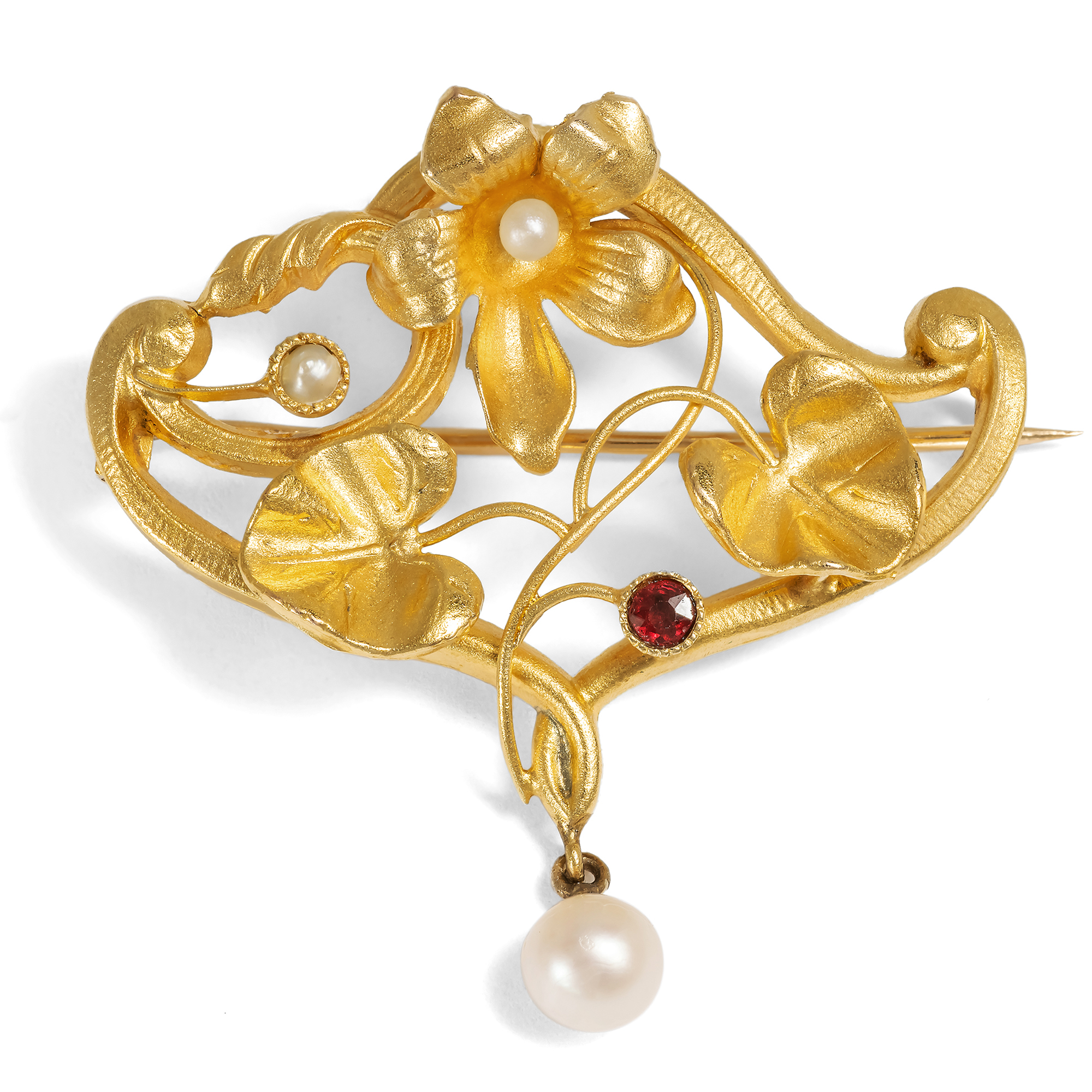 Florale Jugendstil-Brosche mit Granat & Perlen in Gold, Paris um 1900 Florale Jugendstil-Brosche mit Granat & Perlen in Gold, Paris um 1900