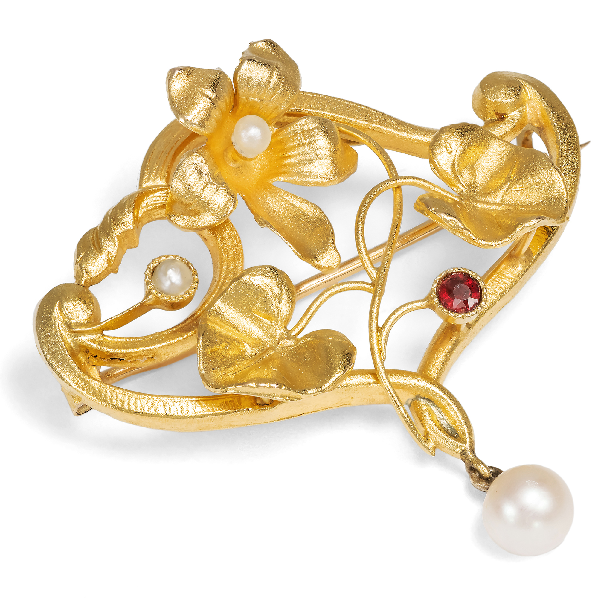 Florale Jugendstil-Brosche mit Granat & Perlen in Gold, Paris um 1900 Florale Jugendstil-Brosche mit Granat & Perlen in Gold, Paris um 1900