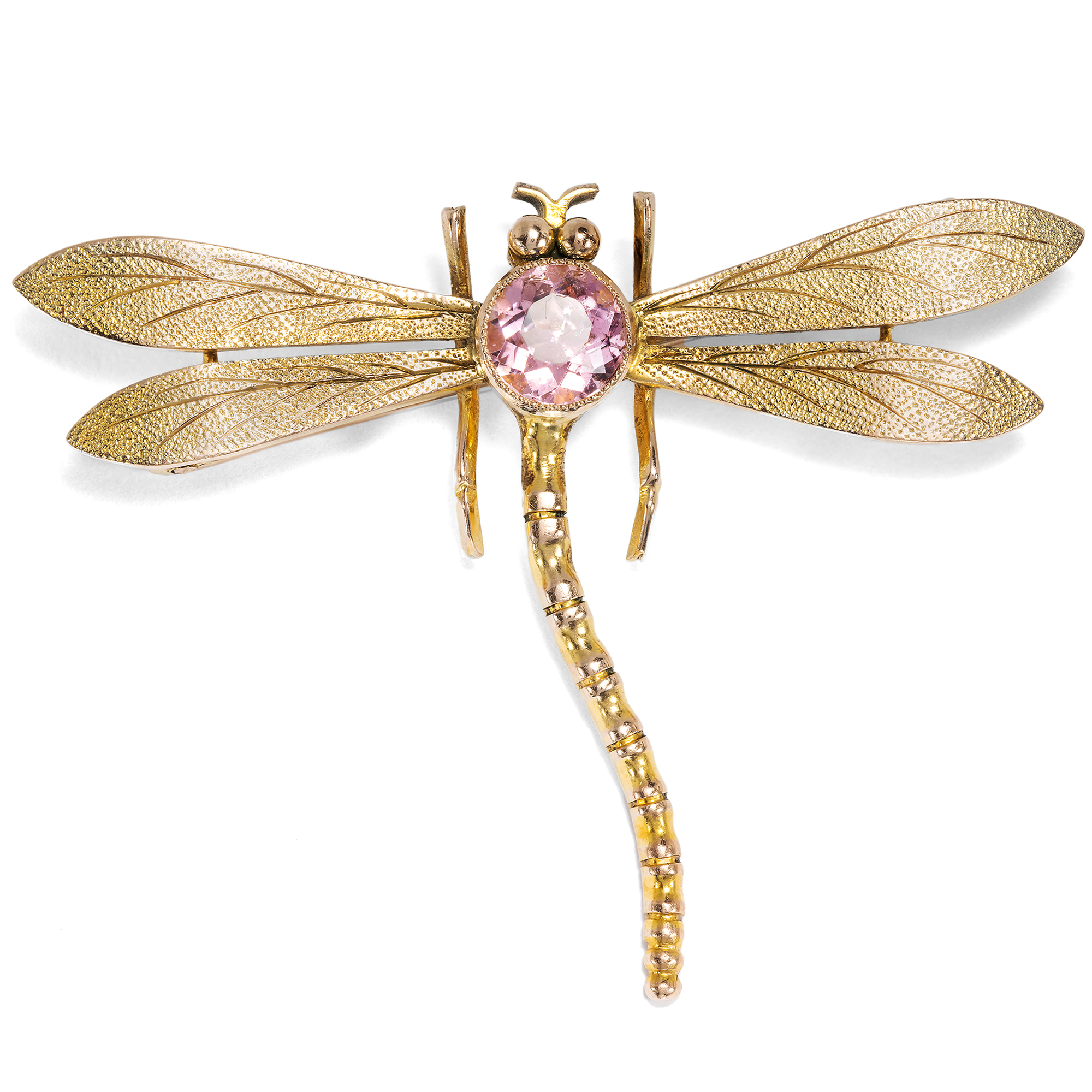 Antike Libelle mit rosa Turmalin in Gold als Brosche, Großbritannien um 1900 Antike Libelle mit rosa Turmalin in Gold als Brosche, Großbritannien um 1900