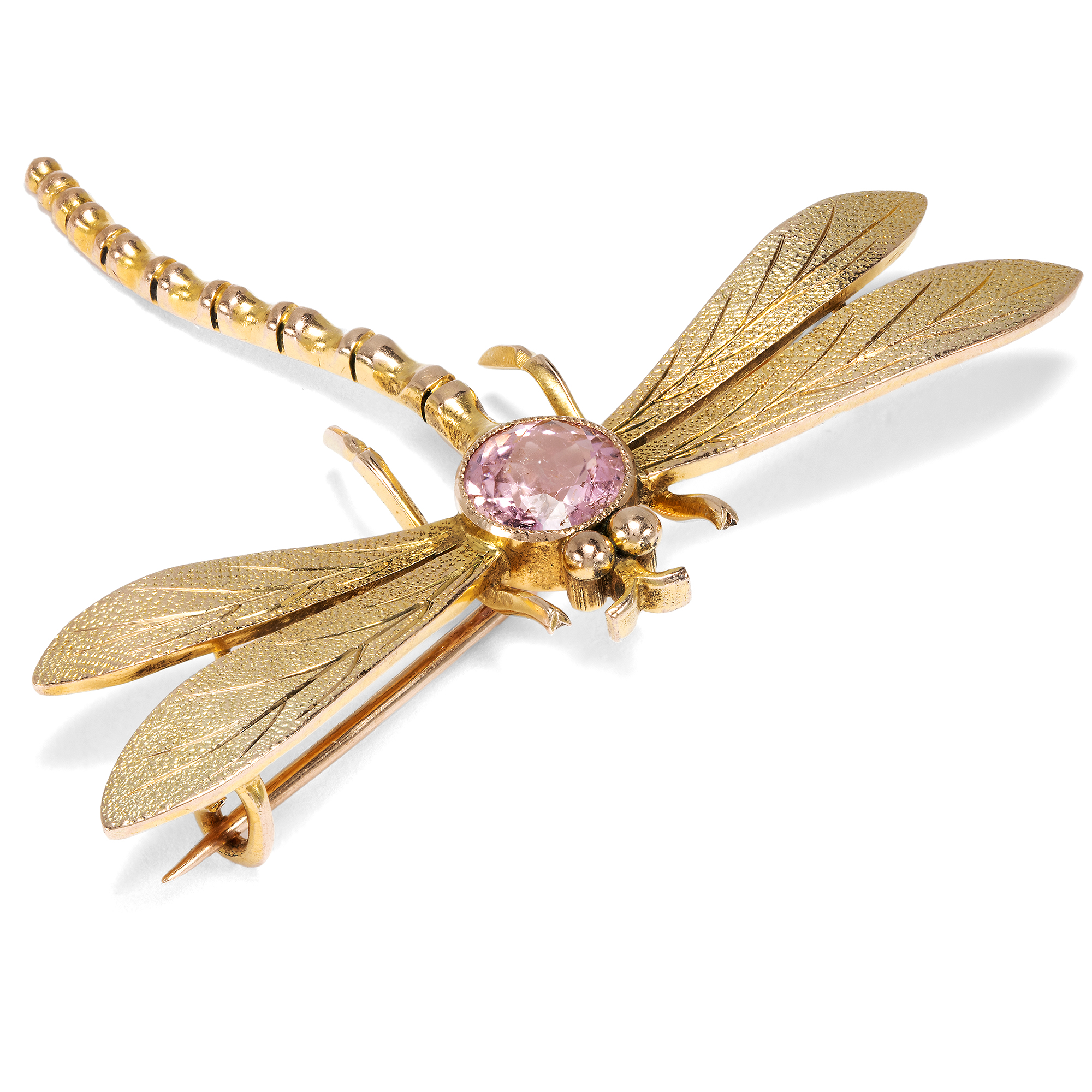 Antike Libelle mit rosa Turmalin in Gold als Brosche, Großbritannien um 1900 Antike Libelle mit rosa Turmalin in Gold als Brosche, Großbritannien um 1900