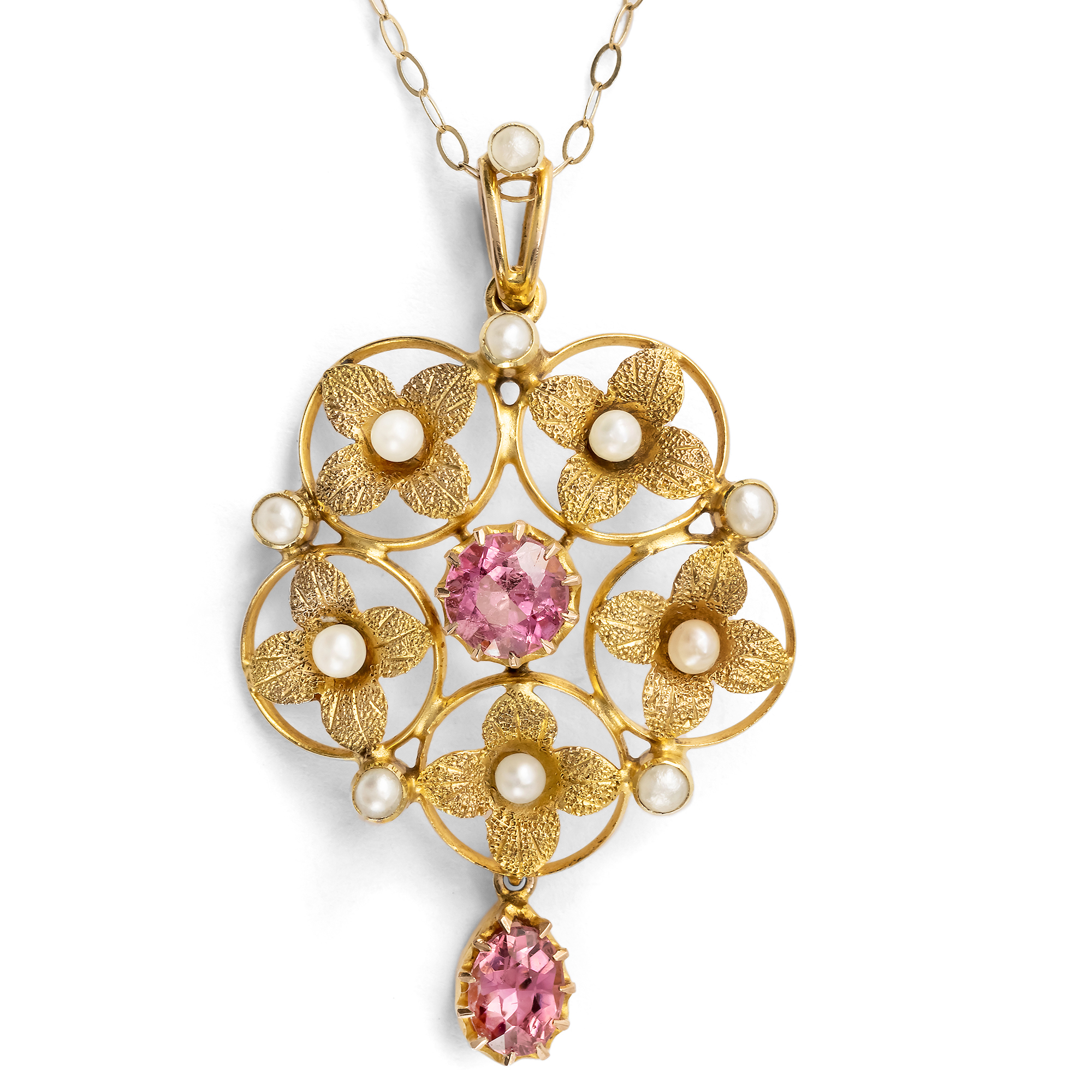 Floral Pendant with Pink Tourmalines and Pearls in Gold, c. 1910 Floral Pendant with Pink Tourmalines and Pearls in Gold, c. 1910
