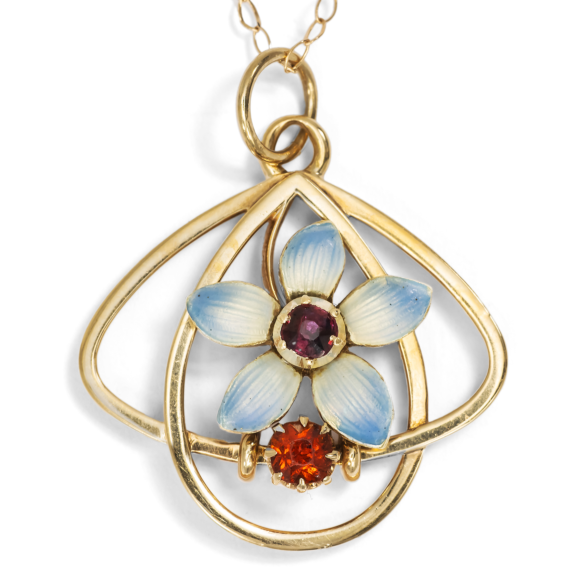 British Art Nouveau Pendant with Garnet, Citrine & Enamel in Gold, c. 1905 British Art Nouveau Pendant with Garnet, Citrine & Enamel in Gold, c. 1905