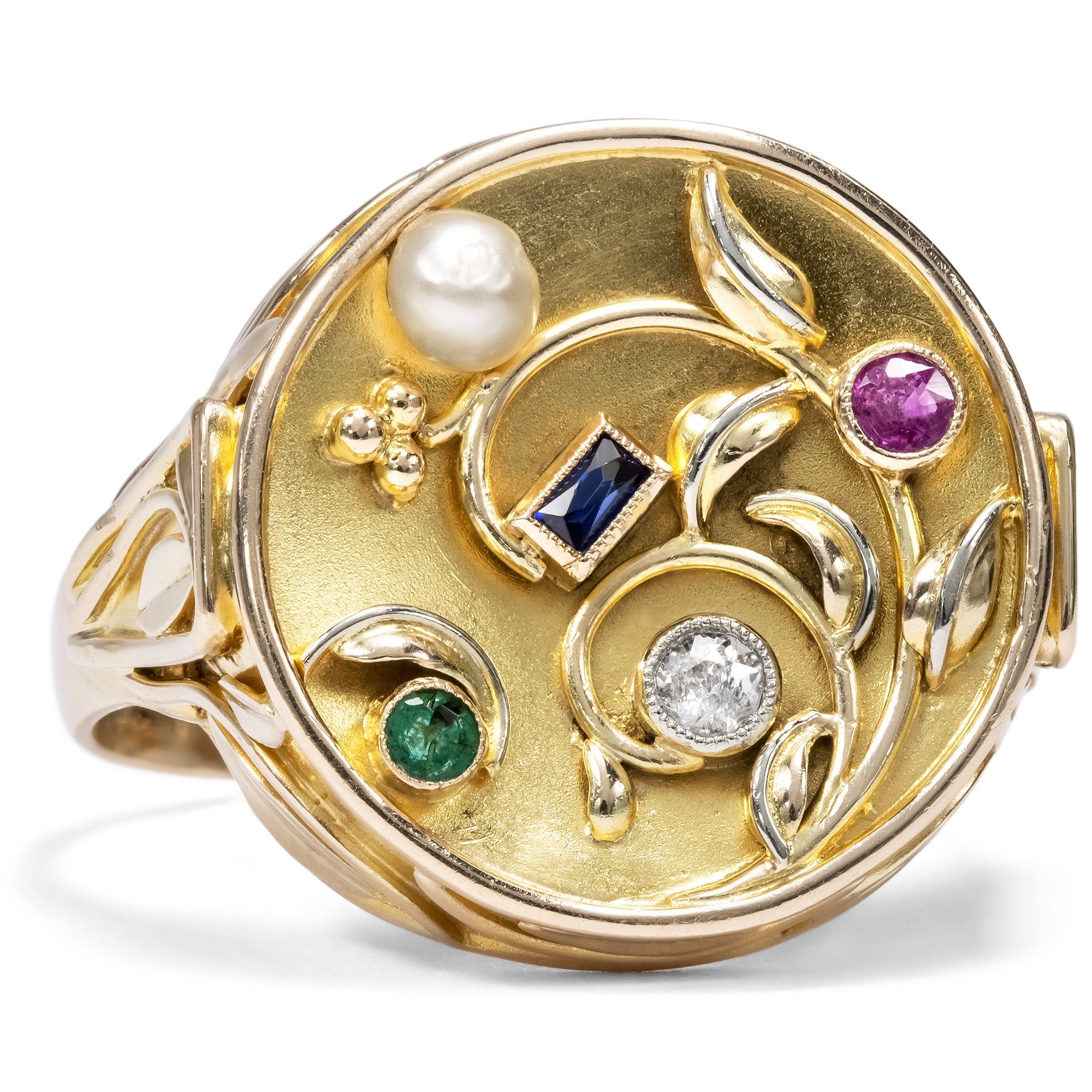 Antiker „Gemüse“-Ring mit Diamant, Perle & Edelsteinen in Gold, um 1925 Antiker „Gemüse“-Ring mit Diamant, Perle & Edelsteinen in Gold, um 1925