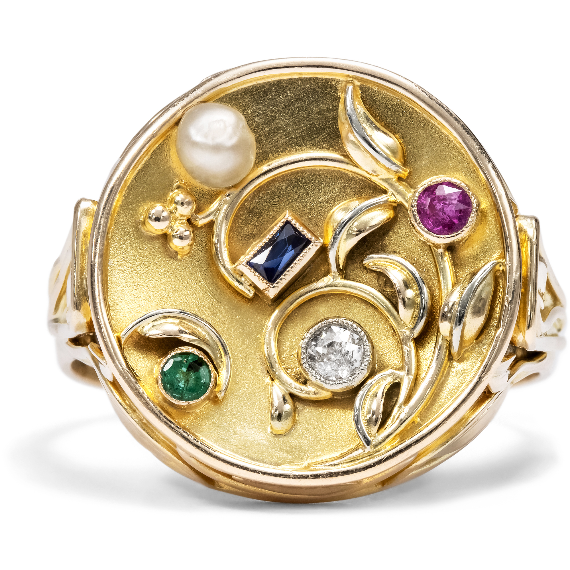 Antiker „Gemüse“-Ring mit Diamant, Perle & Edelsteinen in Gold, um 1925 Antiker „Gemüse“-Ring mit Diamant, Perle & Edelsteinen in Gold, um 1925