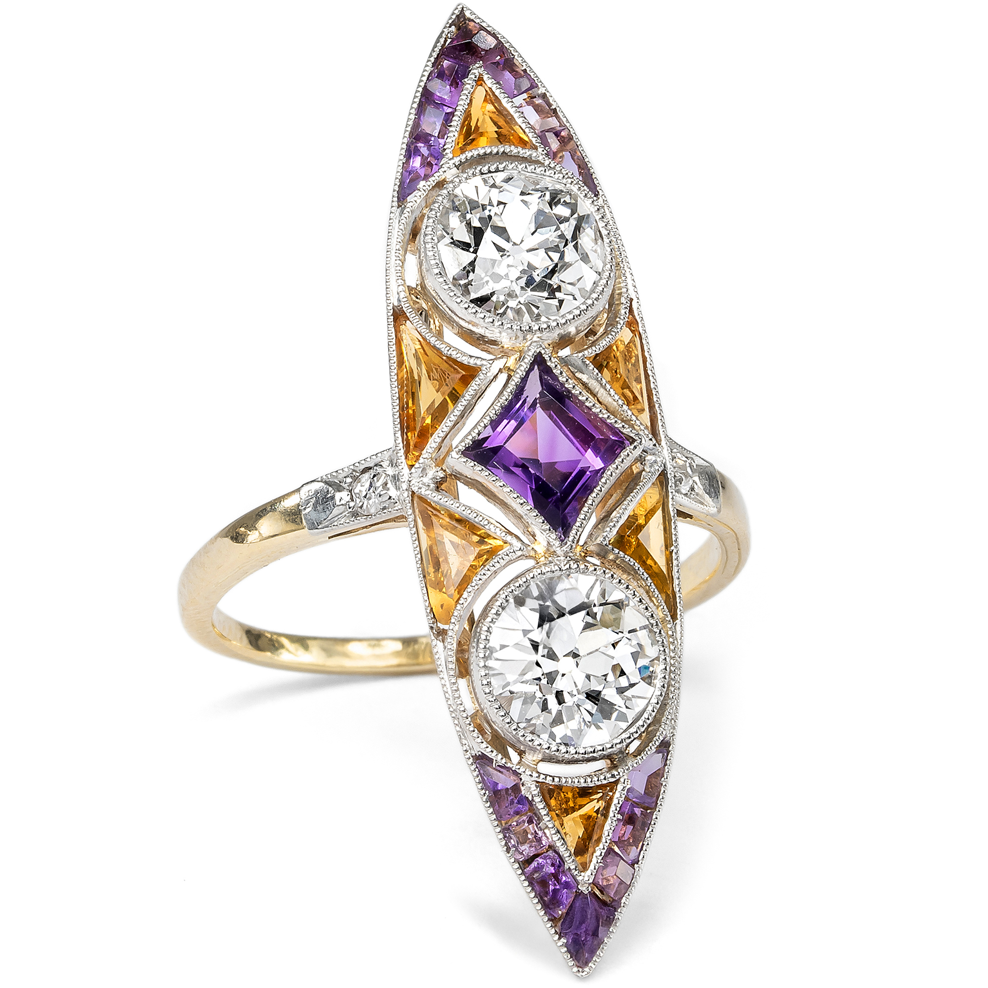 Großer antiker Schiffchenring mit Diamanten, Citrinen & Amethysten, um 1915 Großer antiker Schiffchenring mit Diamanten, Citrinen & Amethysten, um 1915