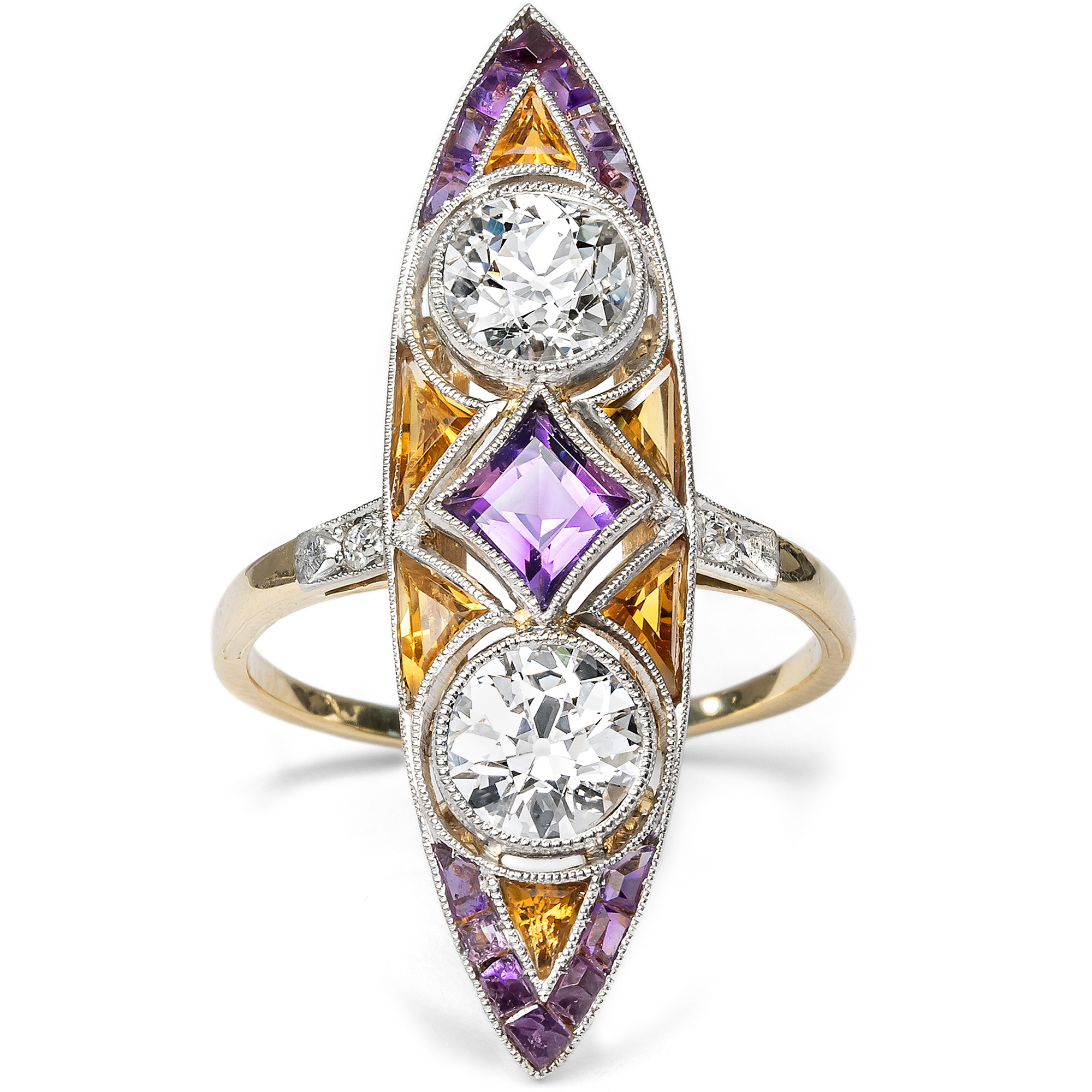 Großer antiker Schiffchenring mit Diamanten, Citrinen & Amethysten, um 1915 Großer antiker Schiffchenring mit Diamanten, Citrinen & Amethysten, um 1915
