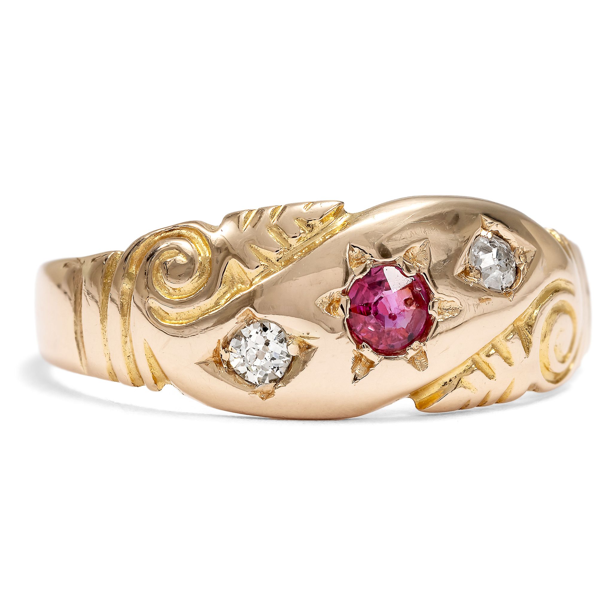Viktorianischer Ring mit Rubin & Diamanten in rötlichem Gold, datiert 1887 Viktorianischer Ring mit Rubin & Diamanten in rötlichem Gold, datiert 1887