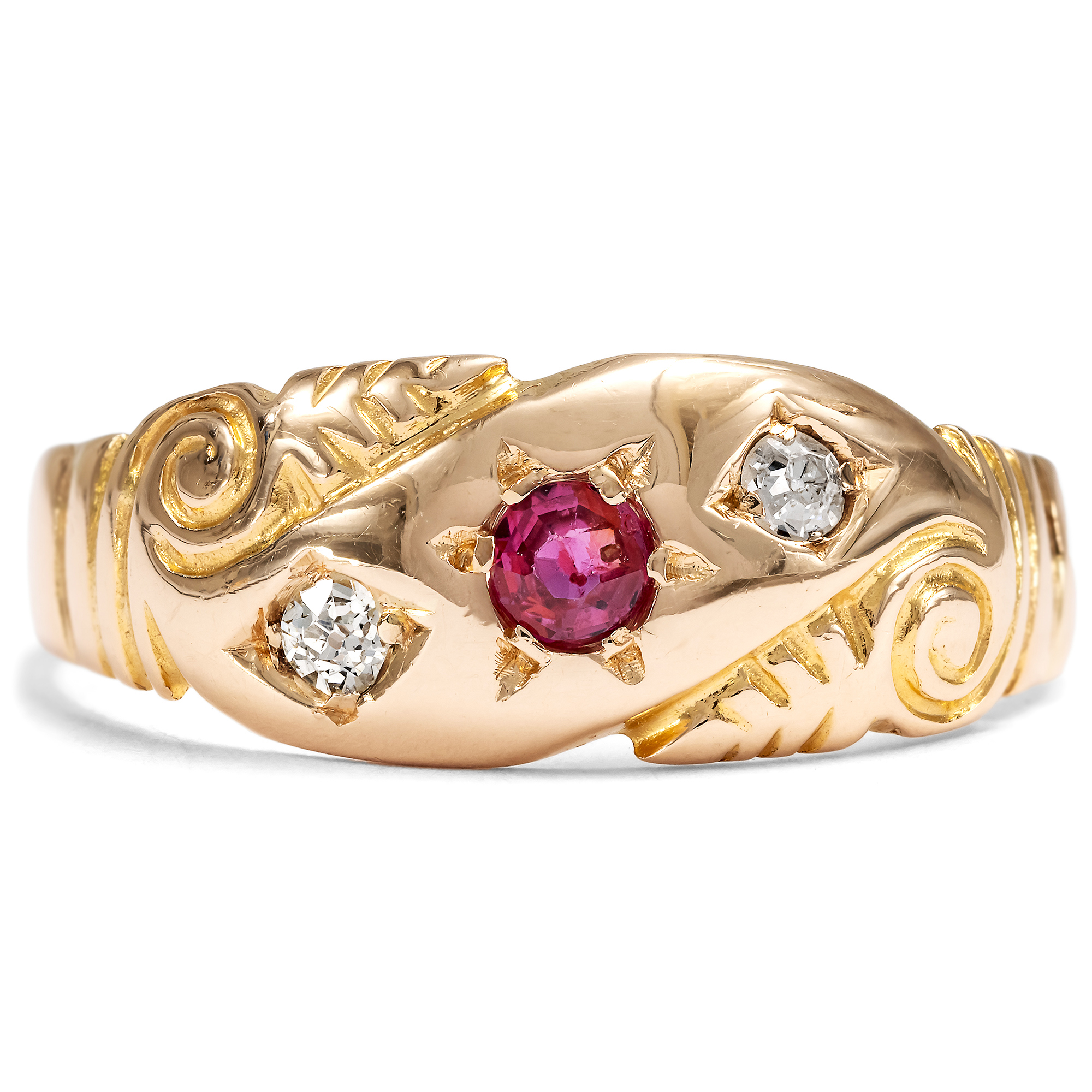 Viktorianischer Ring mit Rubin & Diamanten in rötlichem Gold, datiert 1887 Viktorianischer Ring mit Rubin & Diamanten in rötlichem Gold, datiert 1887