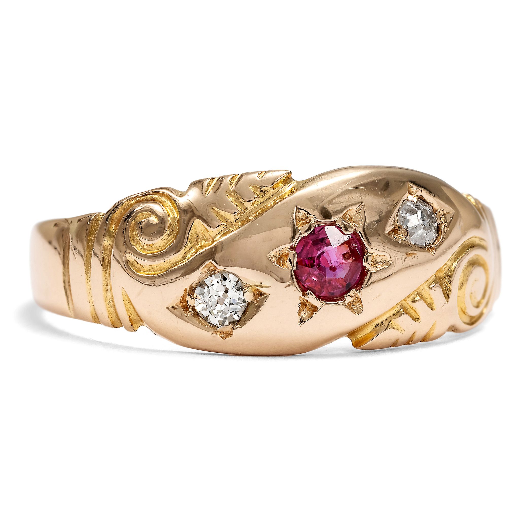 Viktorianischer Ring mit Rubin & Diamanten in rötlichem Gold, datiert 1887