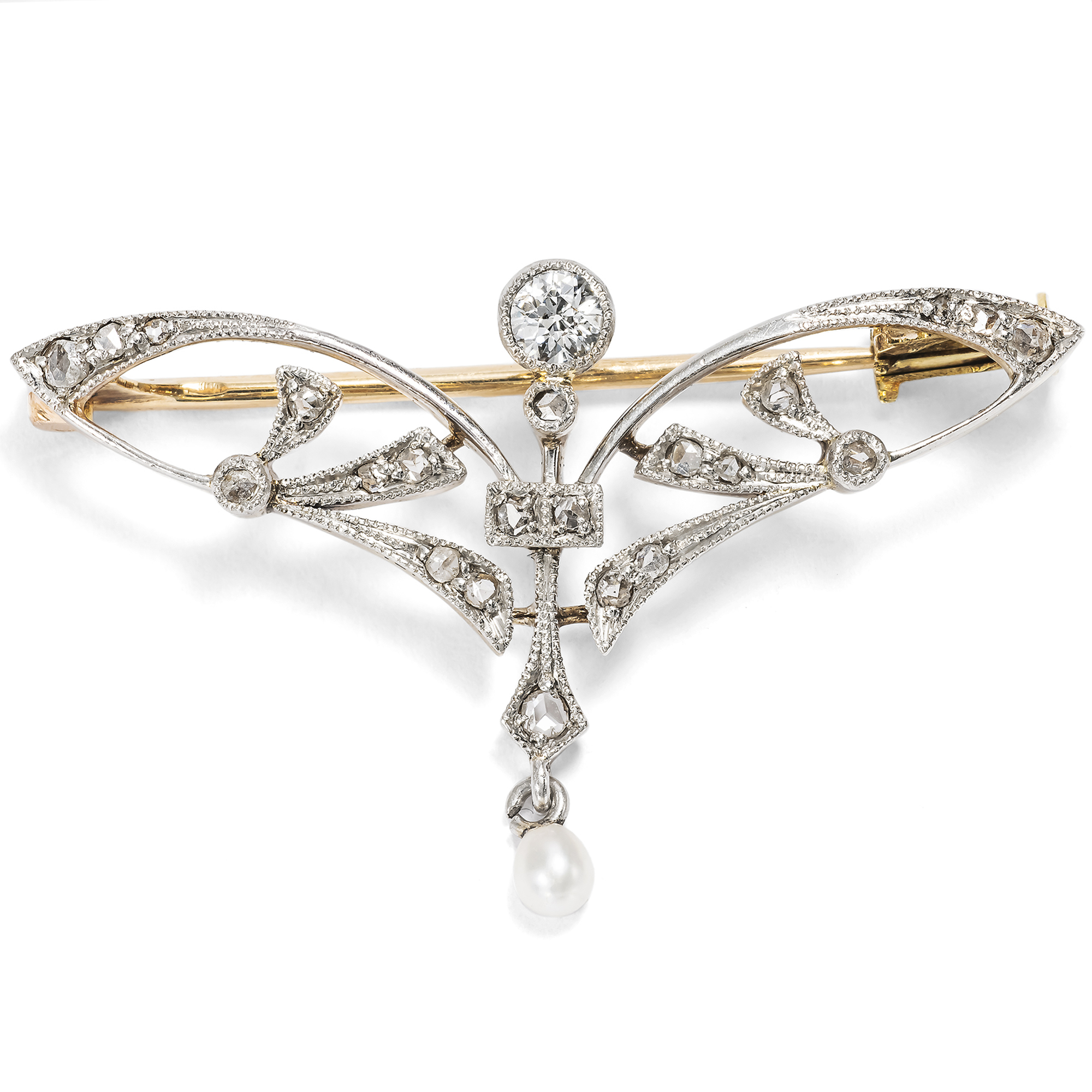 Elegante Brosche im Jugendstil mit Diamanten & Perle in Platin auf Gold, um 1905 Elegante Brosche im Jugendstil mit Diamanten & Perle in Platin auf Gold, um 1905