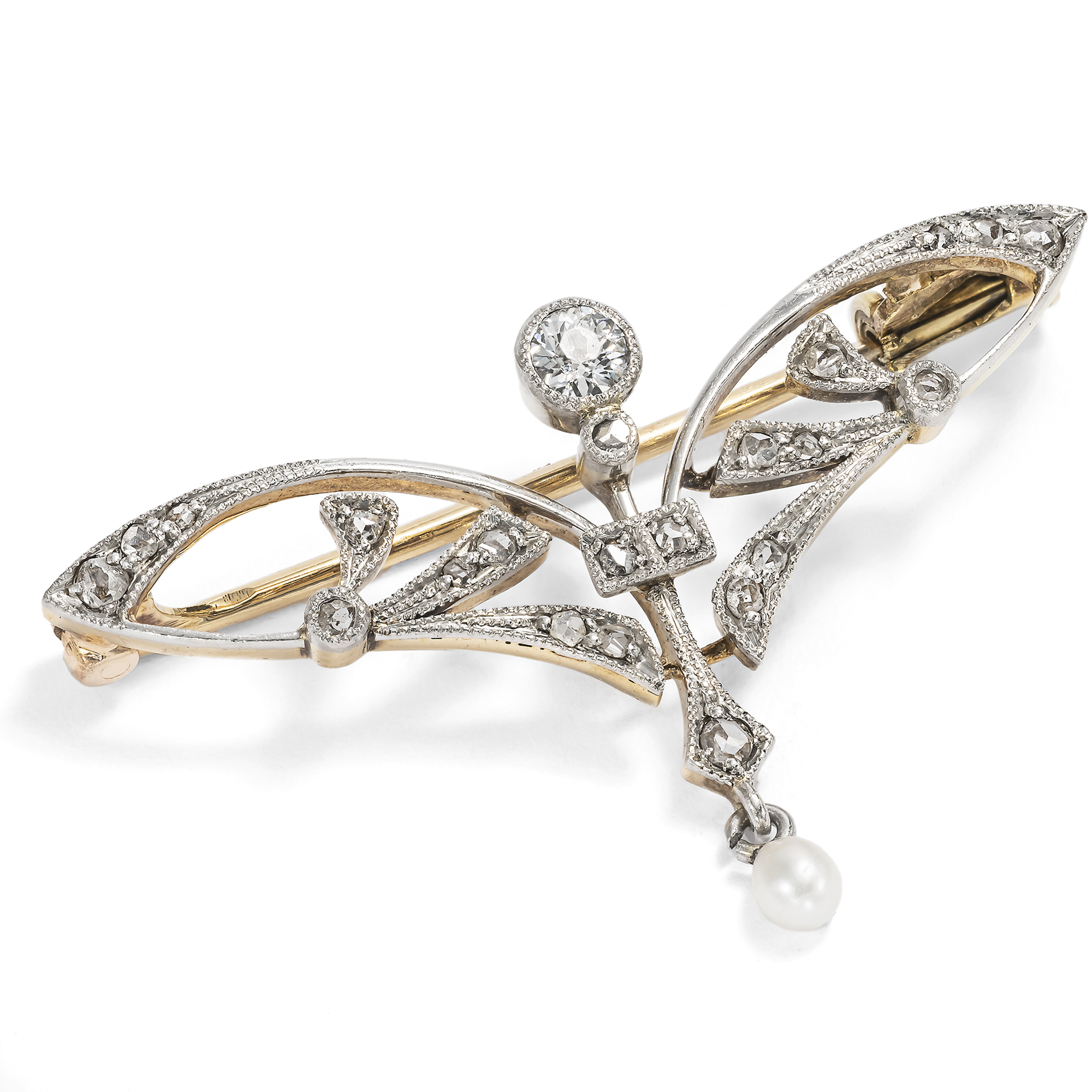 Elegante Brosche im Jugendstil mit Diamanten & Perle in Platin auf Gold, um 1905 Elegante Brosche im Jugendstil mit Diamanten & Perle in Platin auf Gold, um 1905