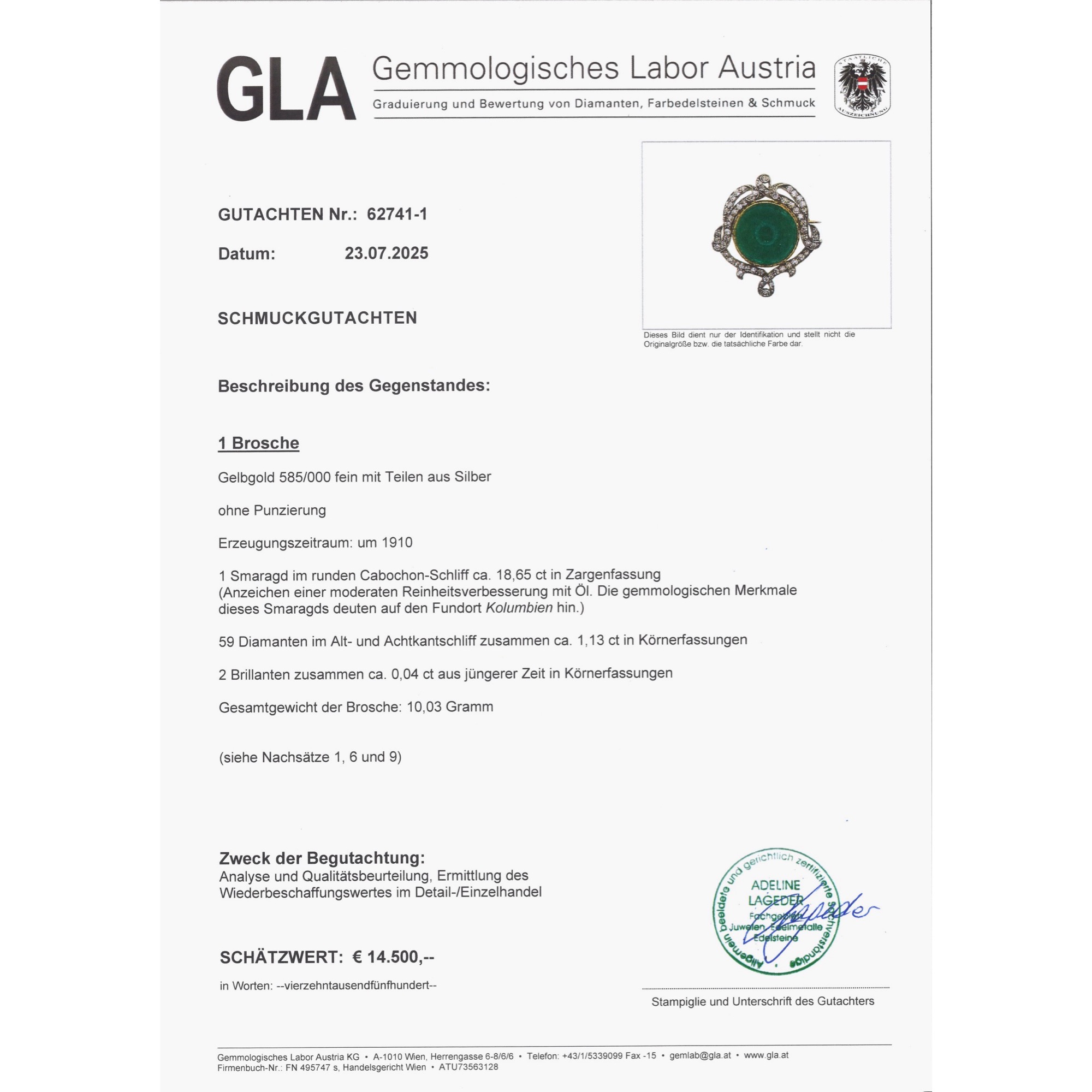 Antike Brosche mit kolumbianischem Smaragd & Diamanten, um 1910 Antike Brosche mit kolumbianischem Smaragd & Diamanten, um 1910