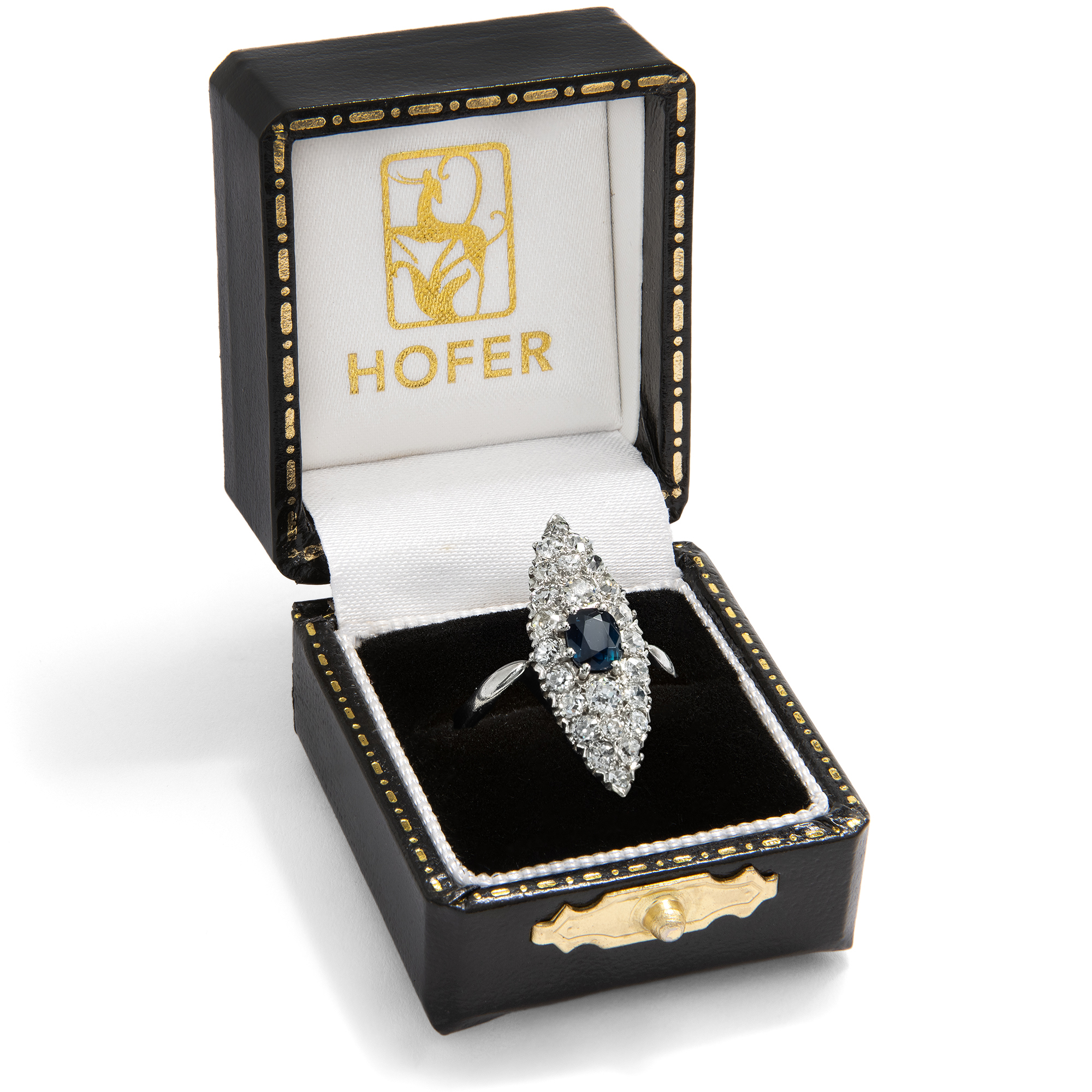 Antiker Schiffchenring mit blauem Saphir und Altschliff Diamanten, um 1890 Antiker Schiffchenring mit blauem Saphir und Altschliff Diamanten, um 1890