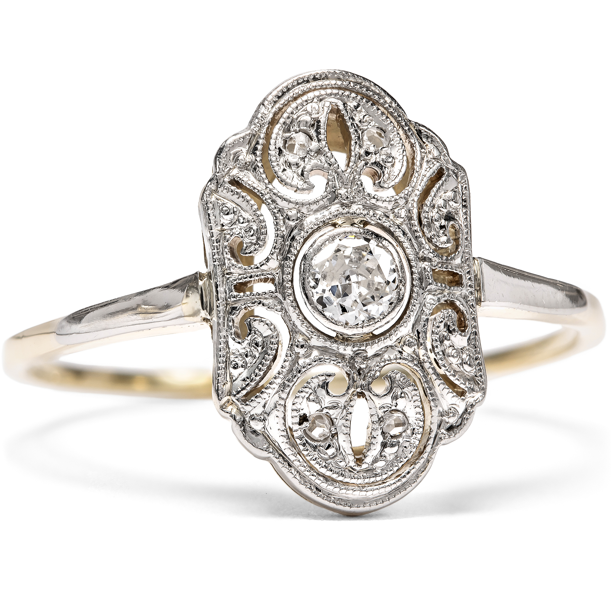 Feiner Ring des Art Déco aus Gold & Platin mit Diamanten, um 1920 Feiner Ring des Art Déco aus Gold & Platin mit Diamanten, um 1920